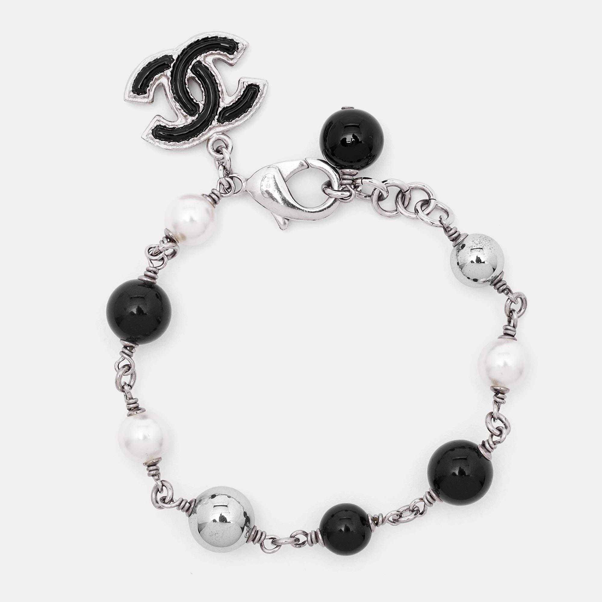 Chanel CC Enamel Faux Pearl Beads Silver Tone Bracelet