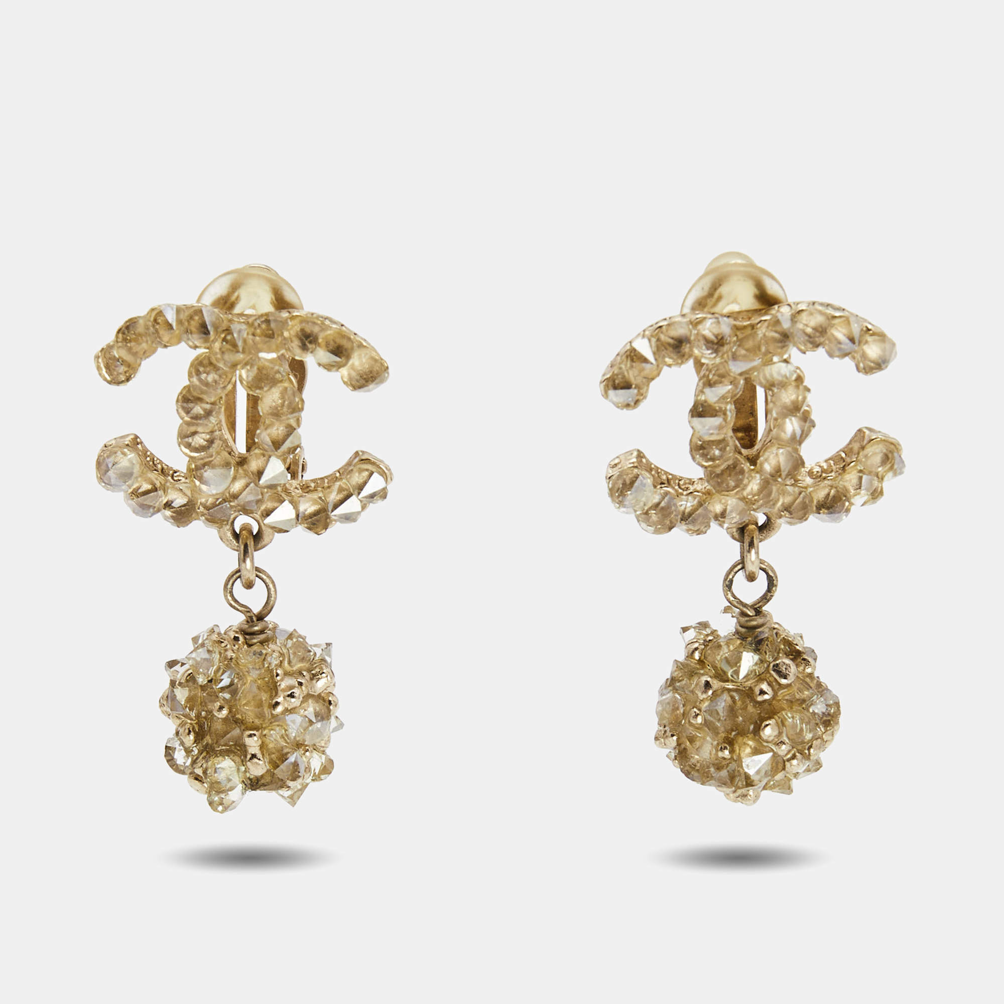 Chanel CC Crystals Gold Tone Clip on Earrings