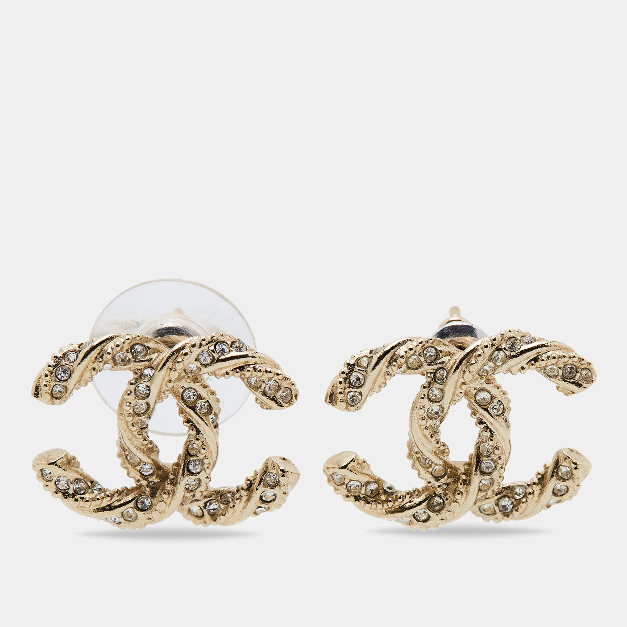 Pre Owned Chanel CC Crystal Twisted Gold Tone Earrings