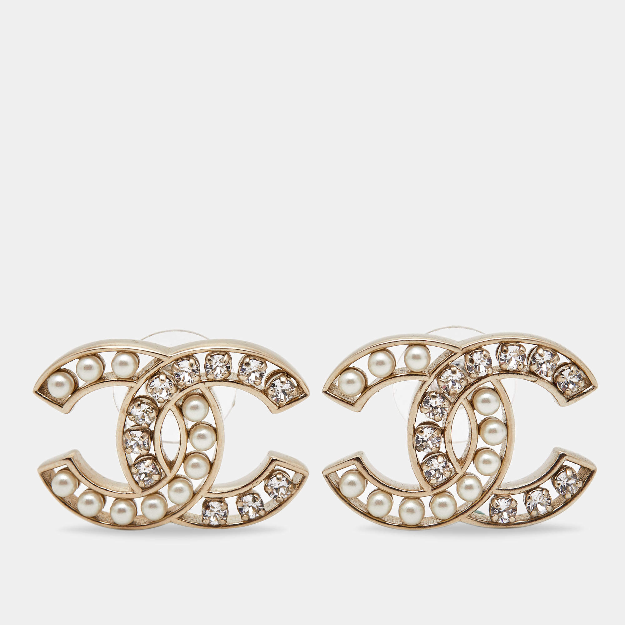 Chanel CC Crystals Faux Pearl Earrings