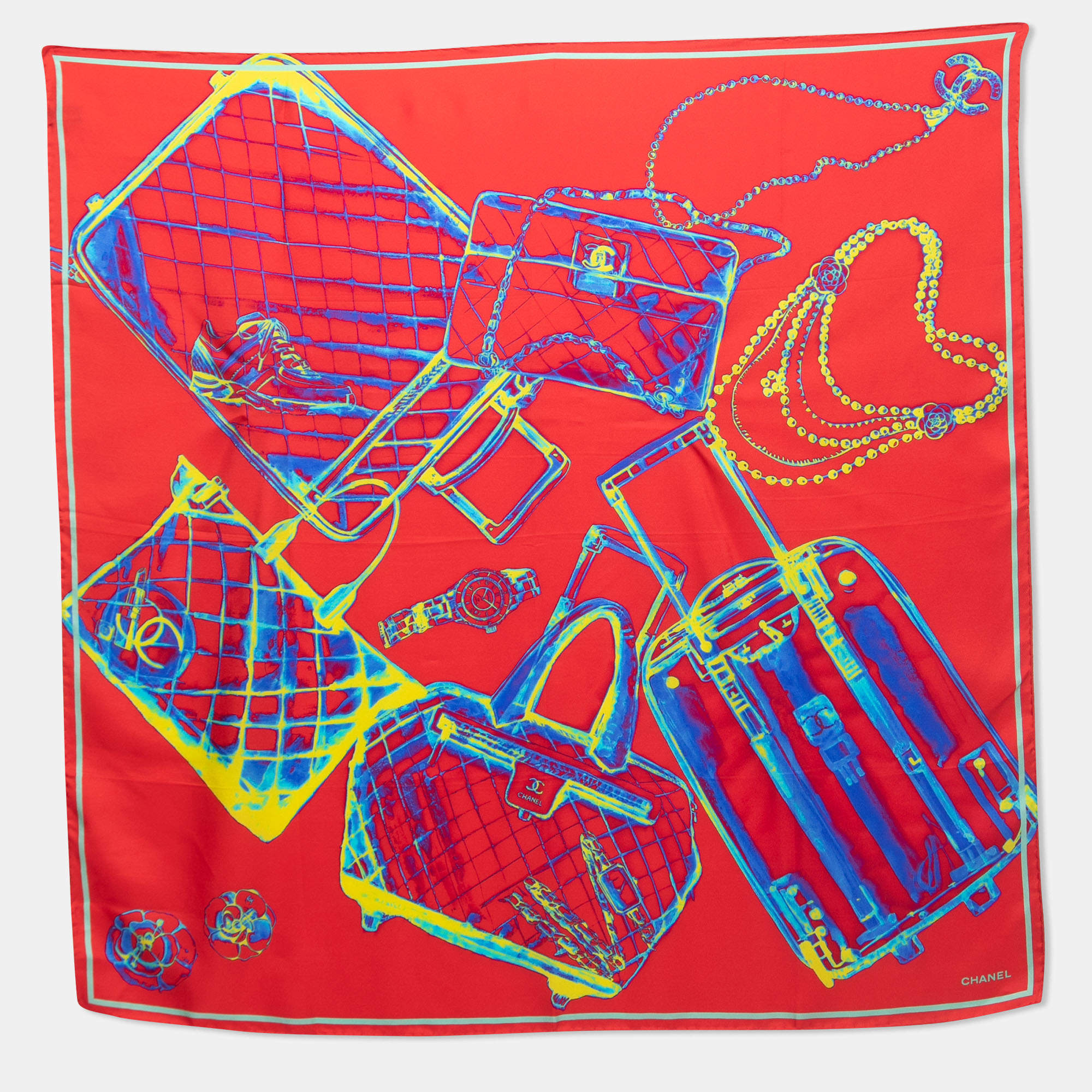 Pre Owned Chanel Red Logo X-Ray Printed Silk Square Scarf