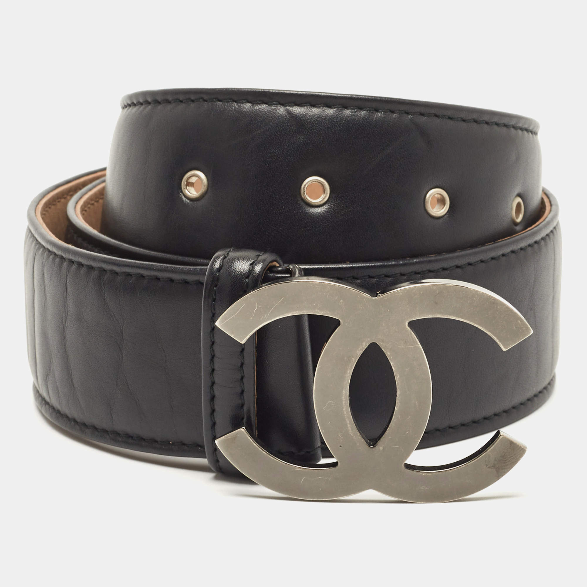 Chanel Black Leather CC Charm Waist Belt 65CM