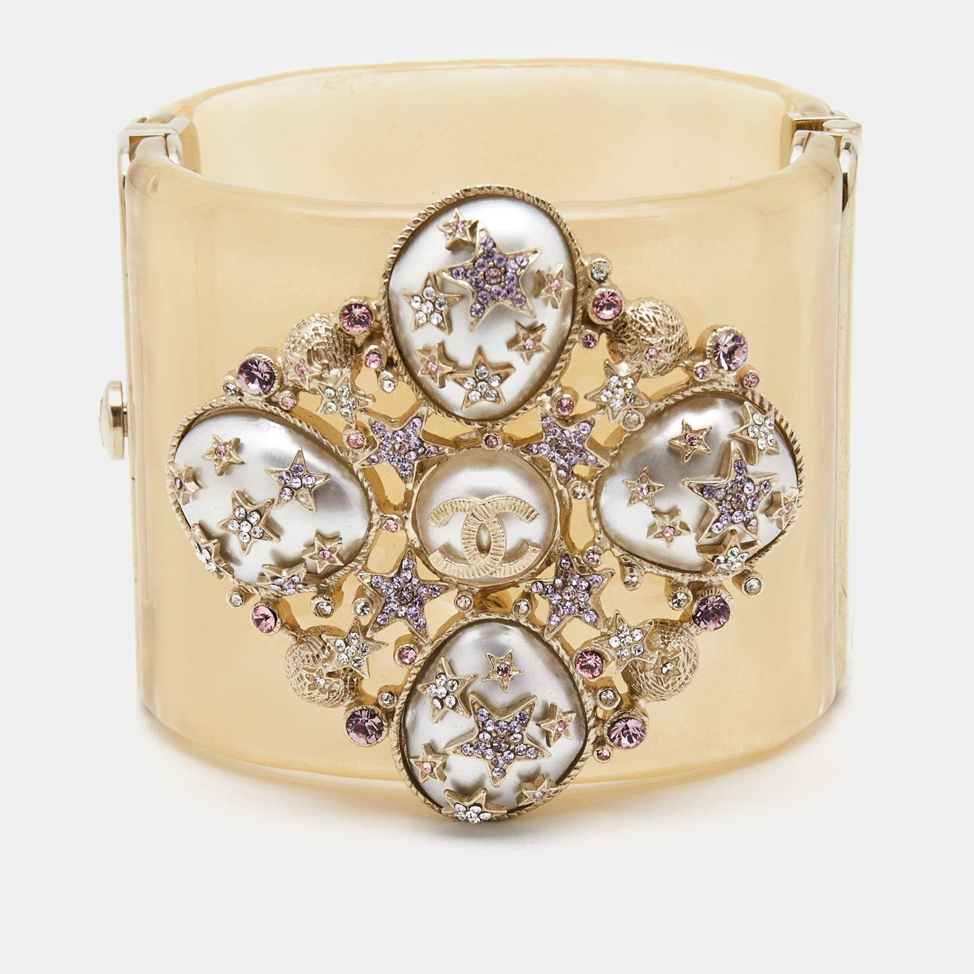 Chanel CC Faux Pearl Crystals Resin Gold Tone Cuff Bracelet