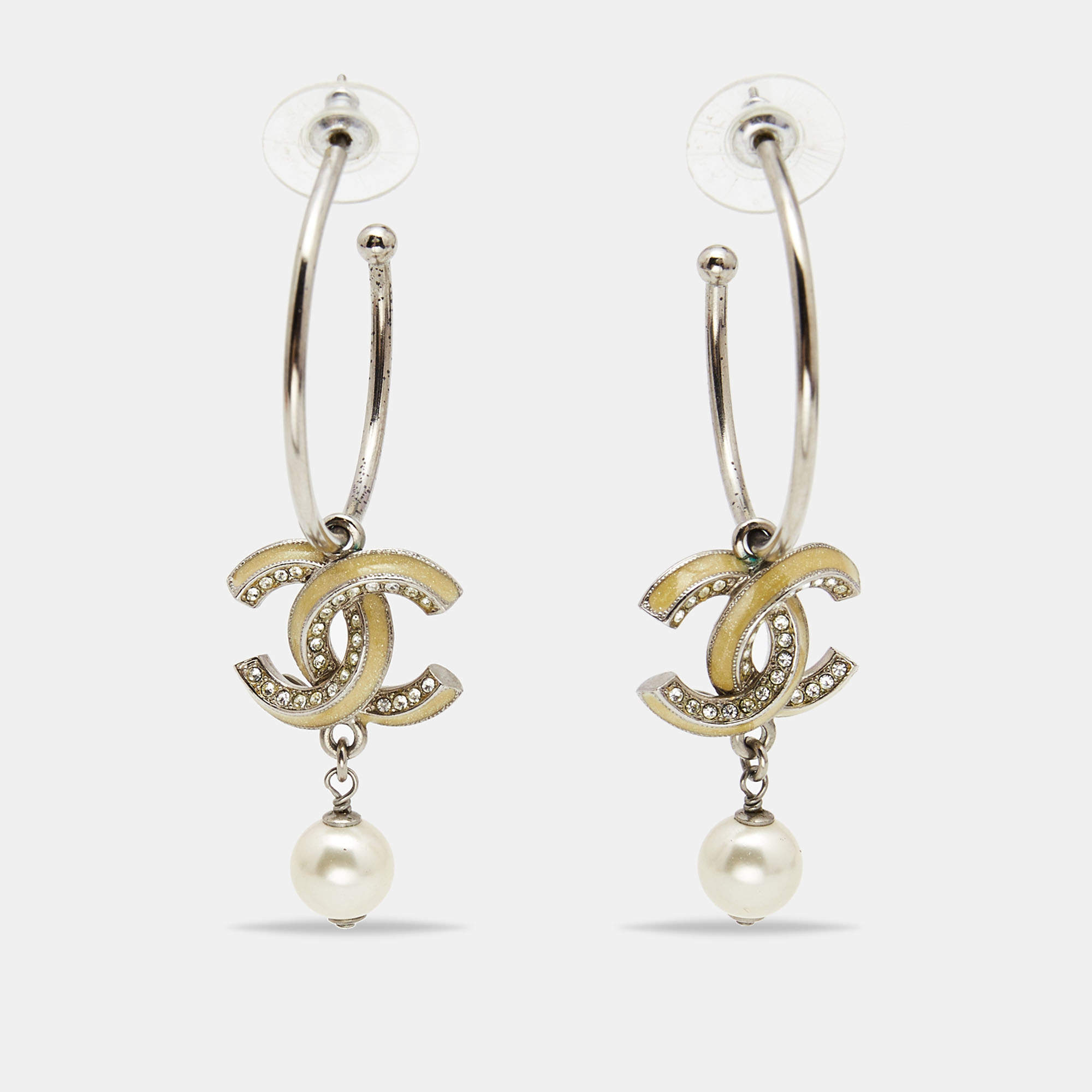 Pre Owned Chanel CC Crystal Enamel Faux Pearl Silver Tone Earrings