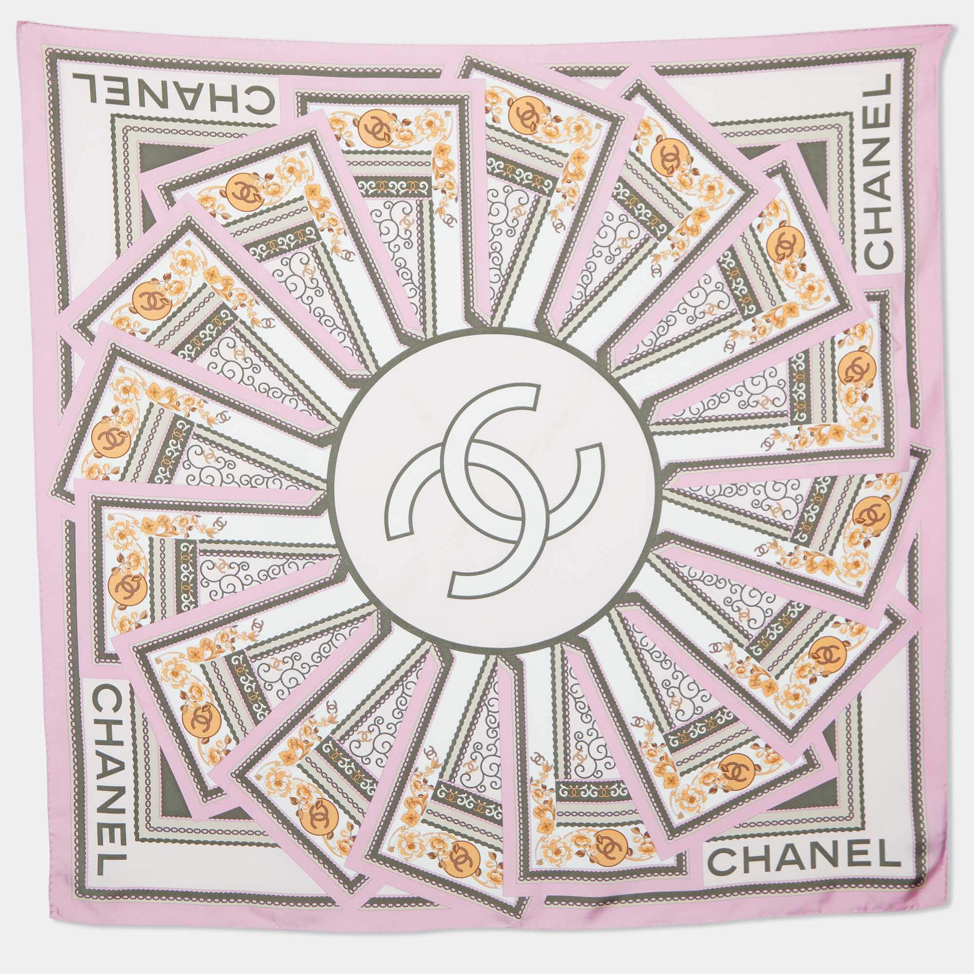 Pre Owned Chanel Pink Printed Silk Square Scarf