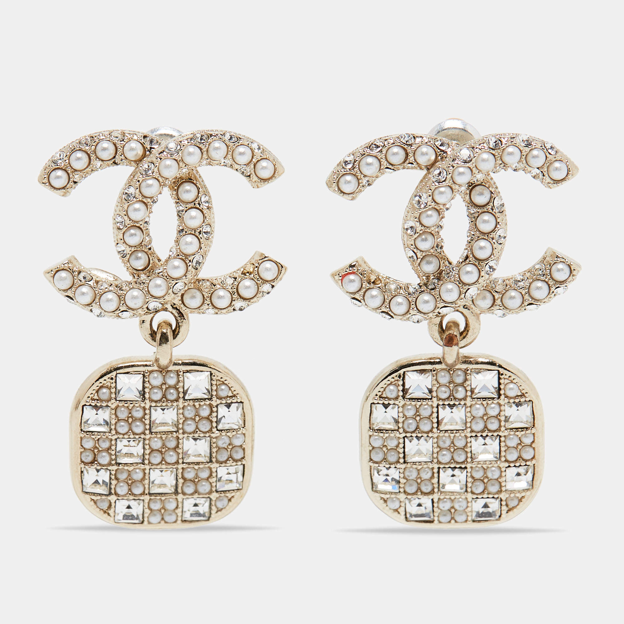 Chanel CC Crystal Faux Pearl Gold Tone Earrings
