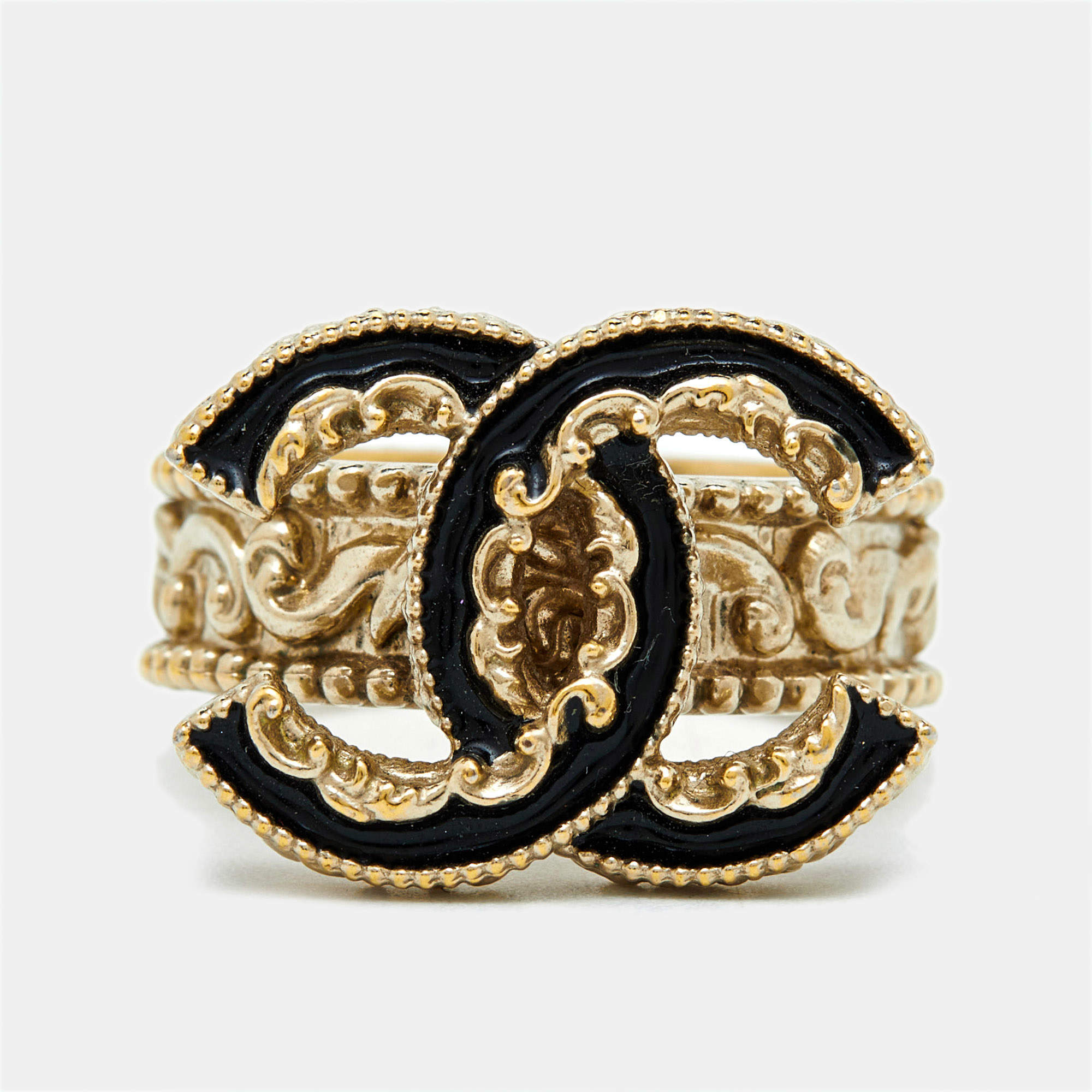 Pre Owned Chanel CC Black Enamel Gold Tone Cocktail Ring Size 52