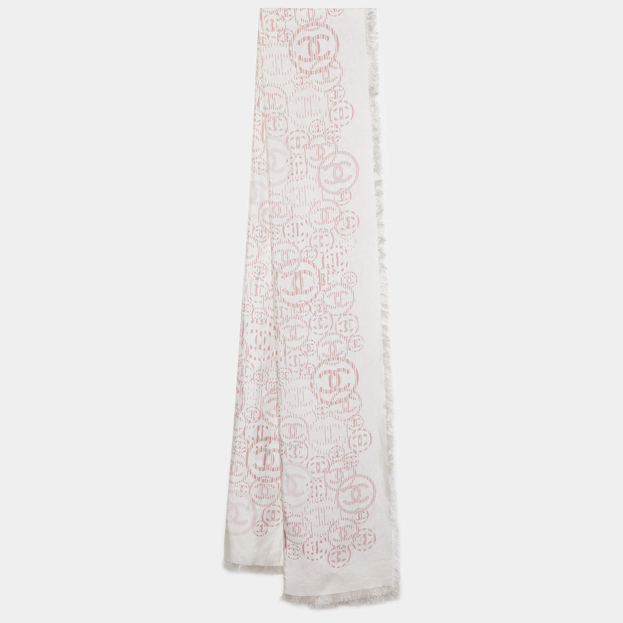 Pre Owned Chanel Off White Logo Printed Silk Fringed Scarf