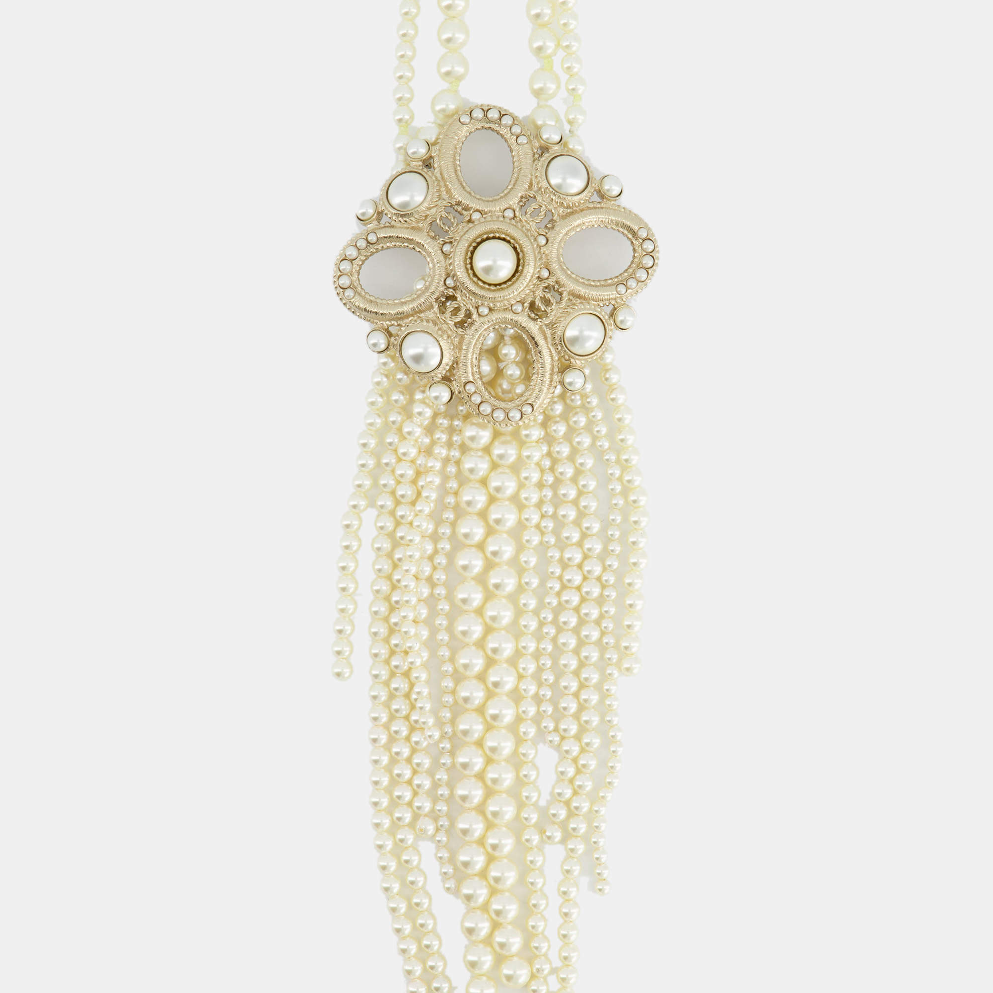 Chanel Choker Long Pearl Necklace with Antique Gold Pendant