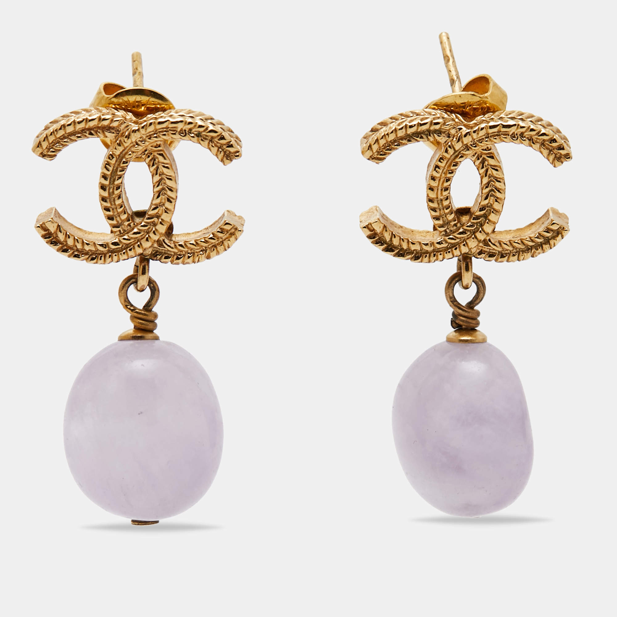Pre Owned Chanel CC Paris-Byzance Amethyst Gold Tone Earrings