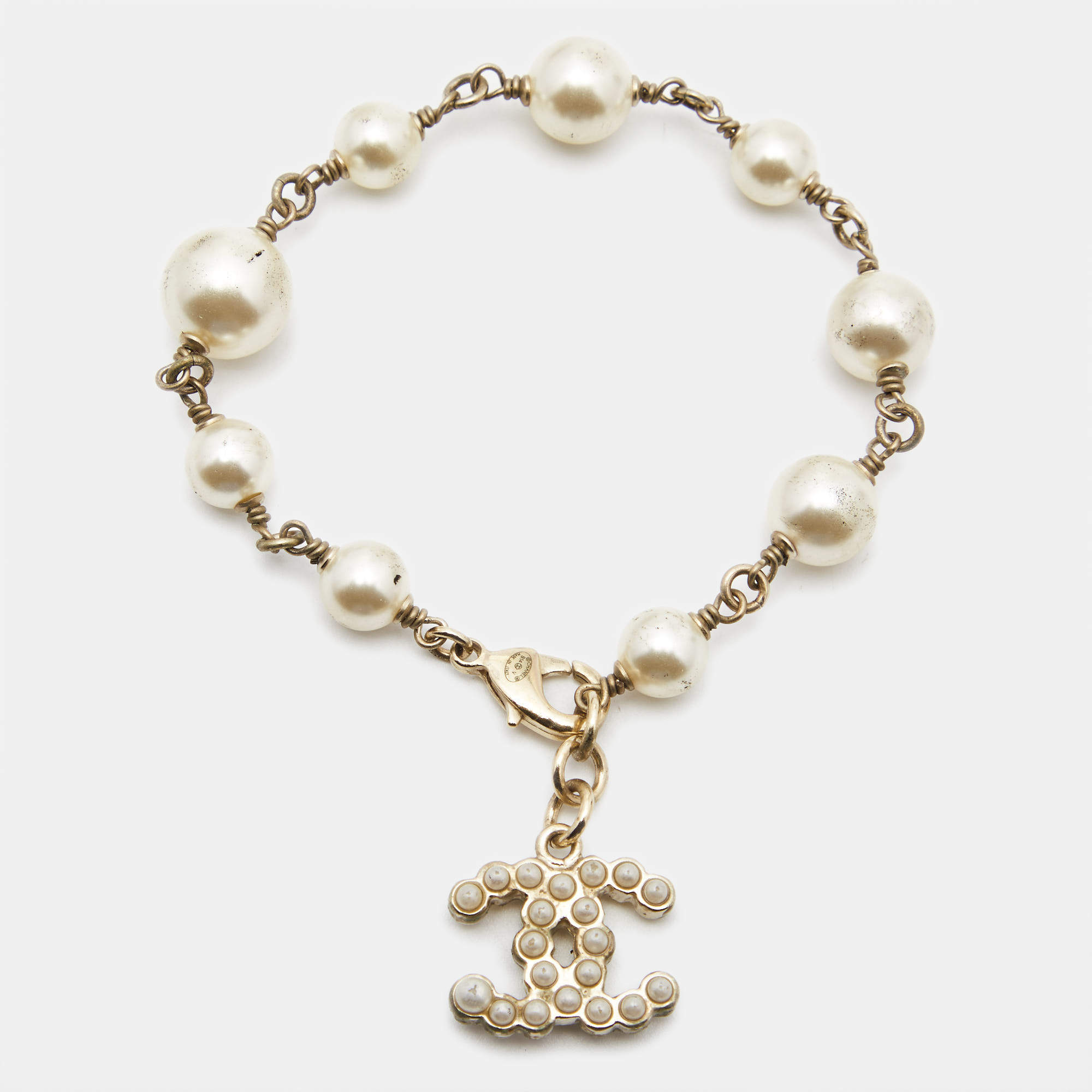 Chanel CC Faux Pearl Gold Tone Bead Charm Bracelet