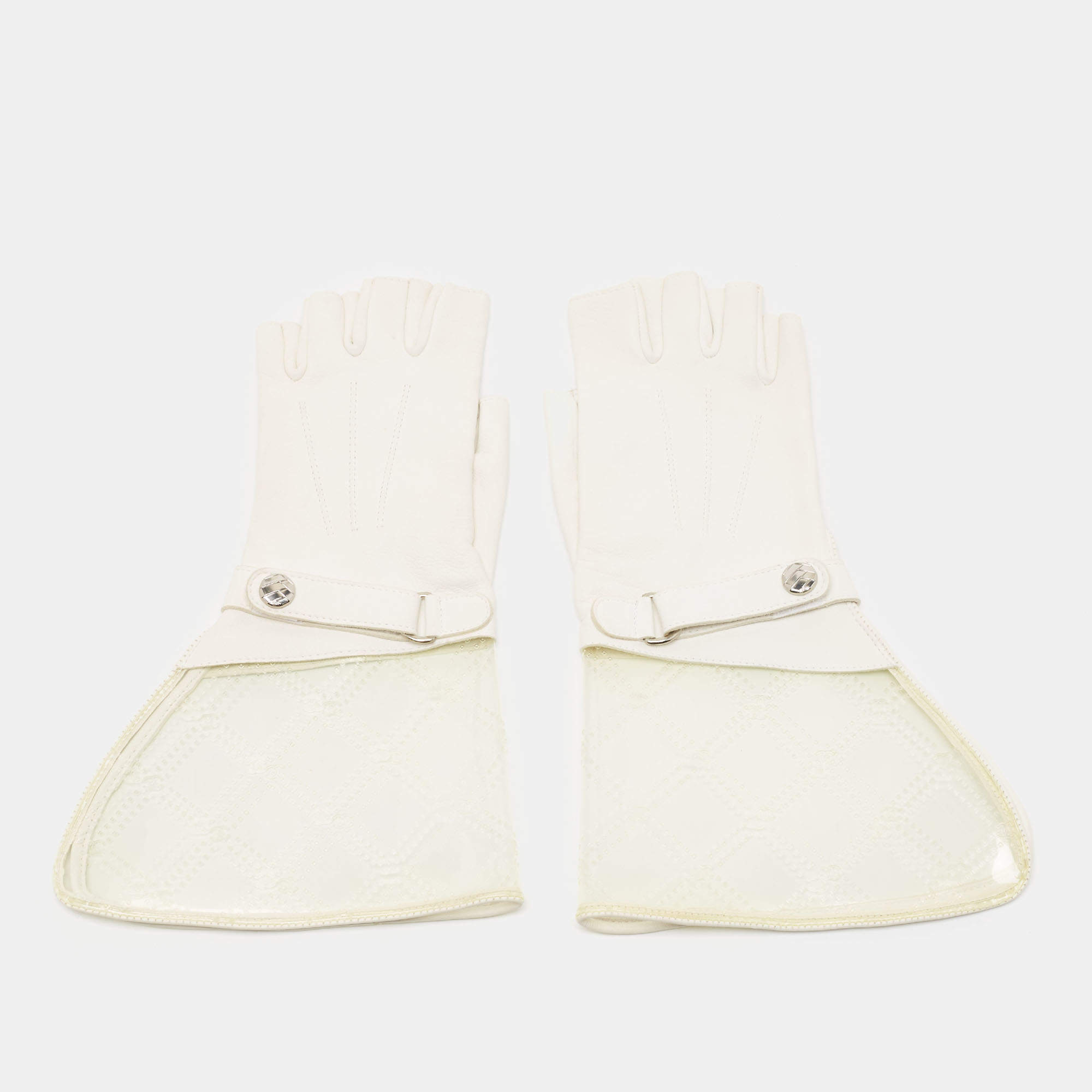 Pre Owned Chanel White Leather and PVC Fingerless Gloves Size 7.5
