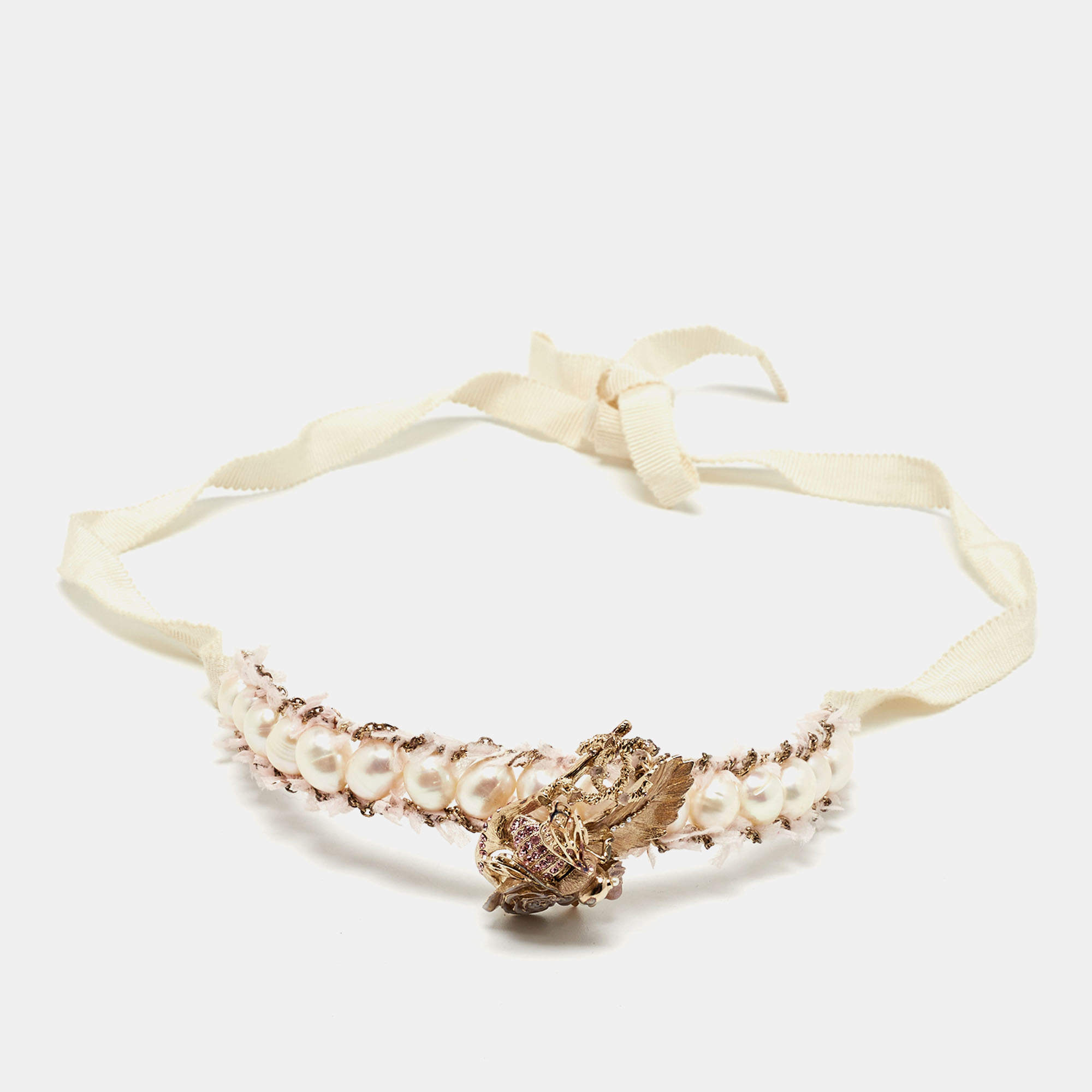 Pre Owned Chanel Strass Bee Crystal Enamel Gold Tone Fabric Choker Necklace