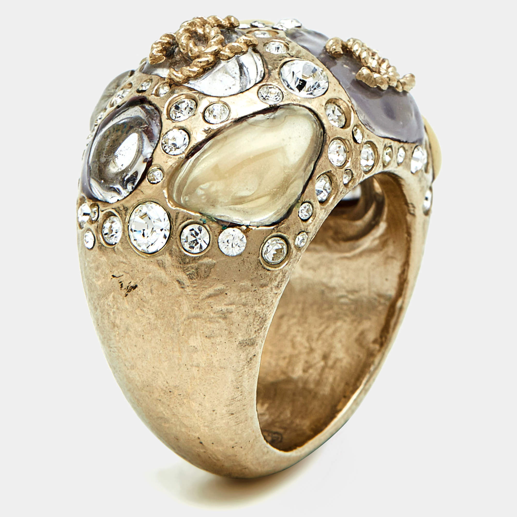 Pre Owned Chanel CC Crystal  Gripoix Enamel Gold Tone Cocktail Ring Size 54
