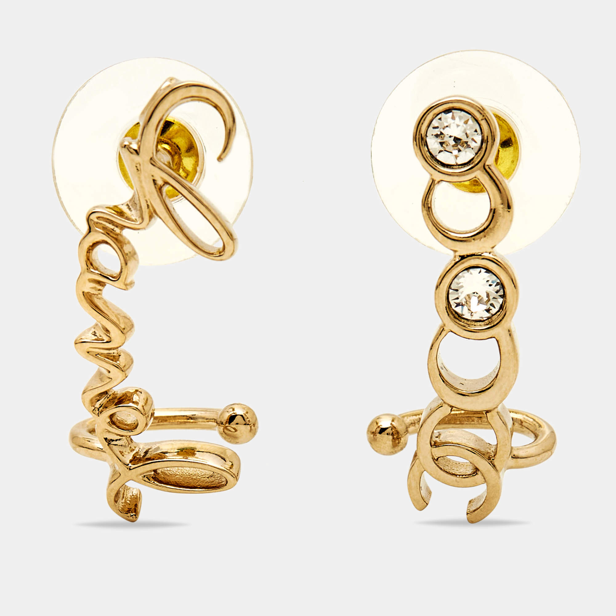 Pre Owned Chanel Coco Script Crystal Gold Tone Climber Earrings 