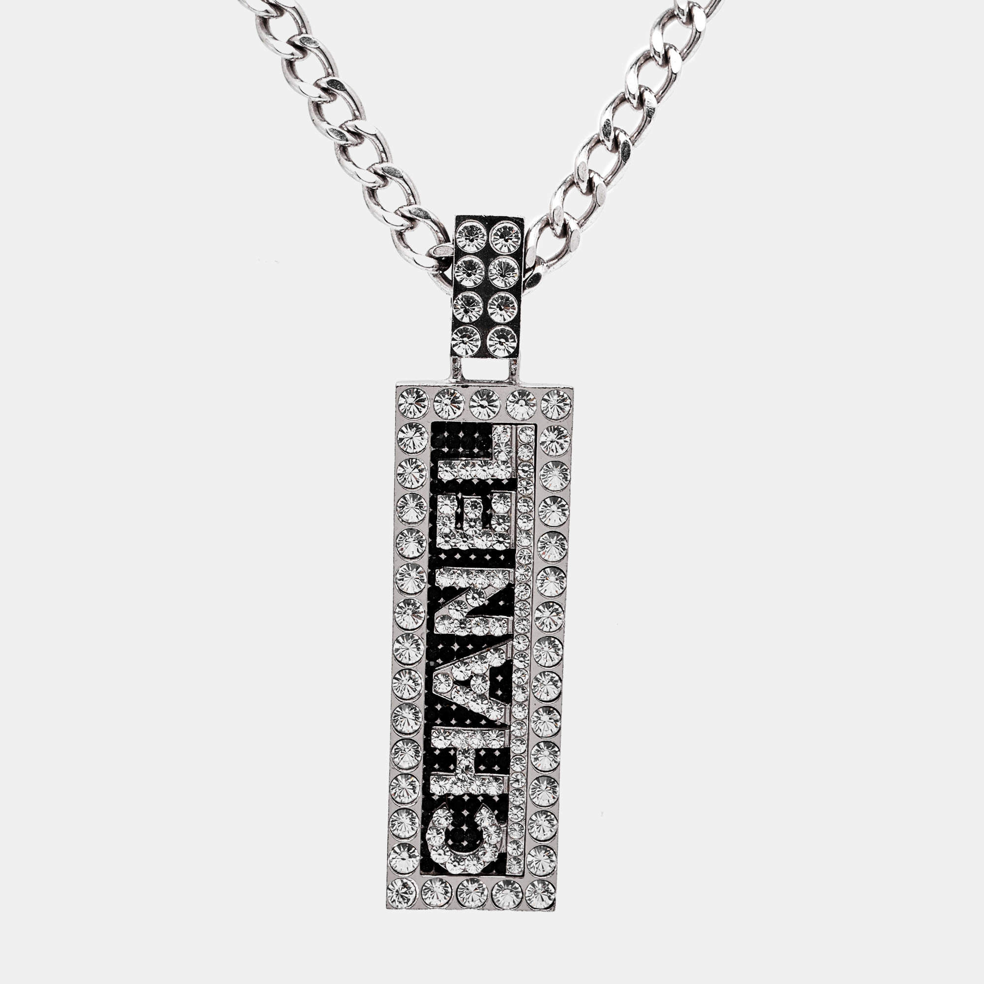 Pre Owned Chanel Logo Crystal Silver Tone Necklace