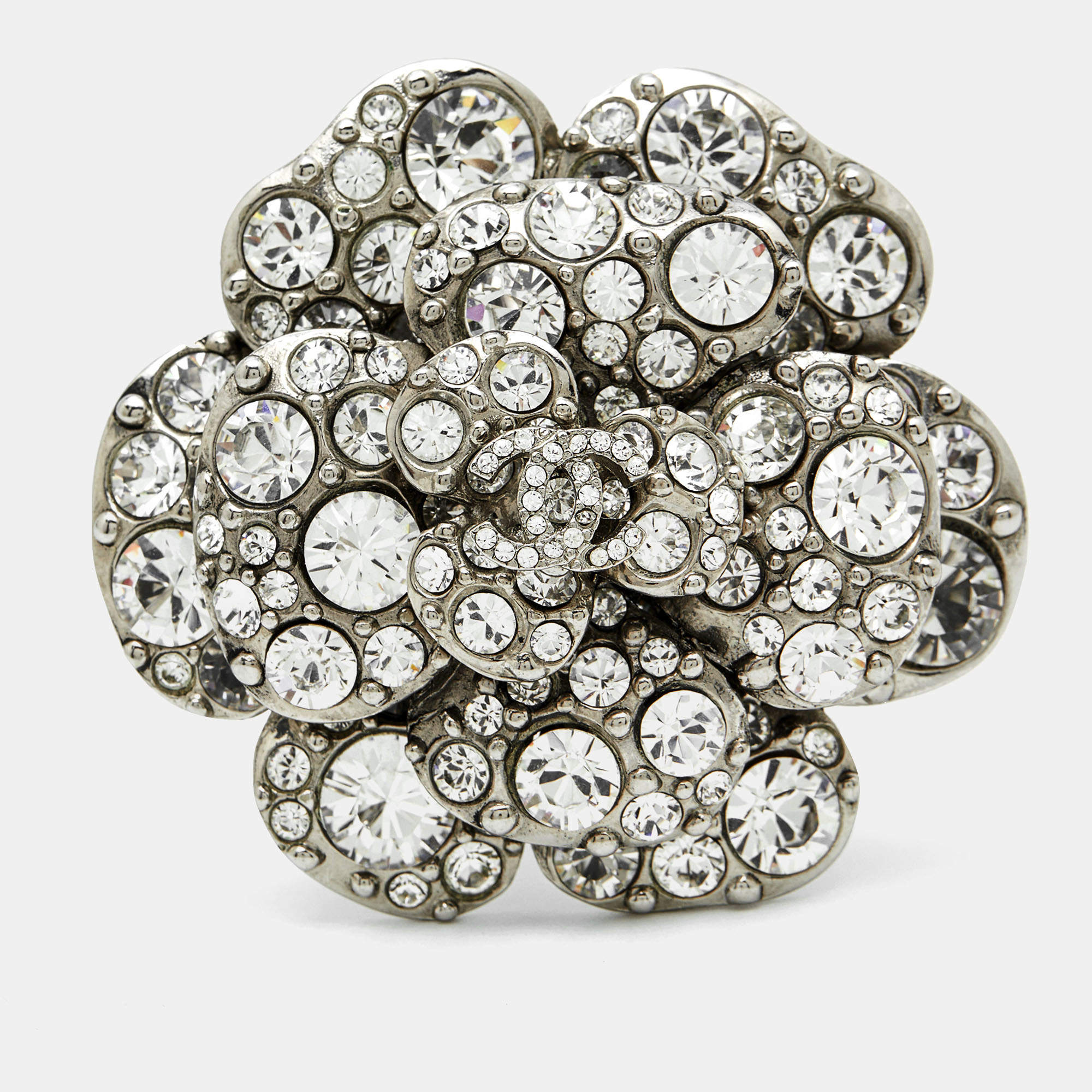 Chanel Camellia Crystals Silver Tone Brooch
