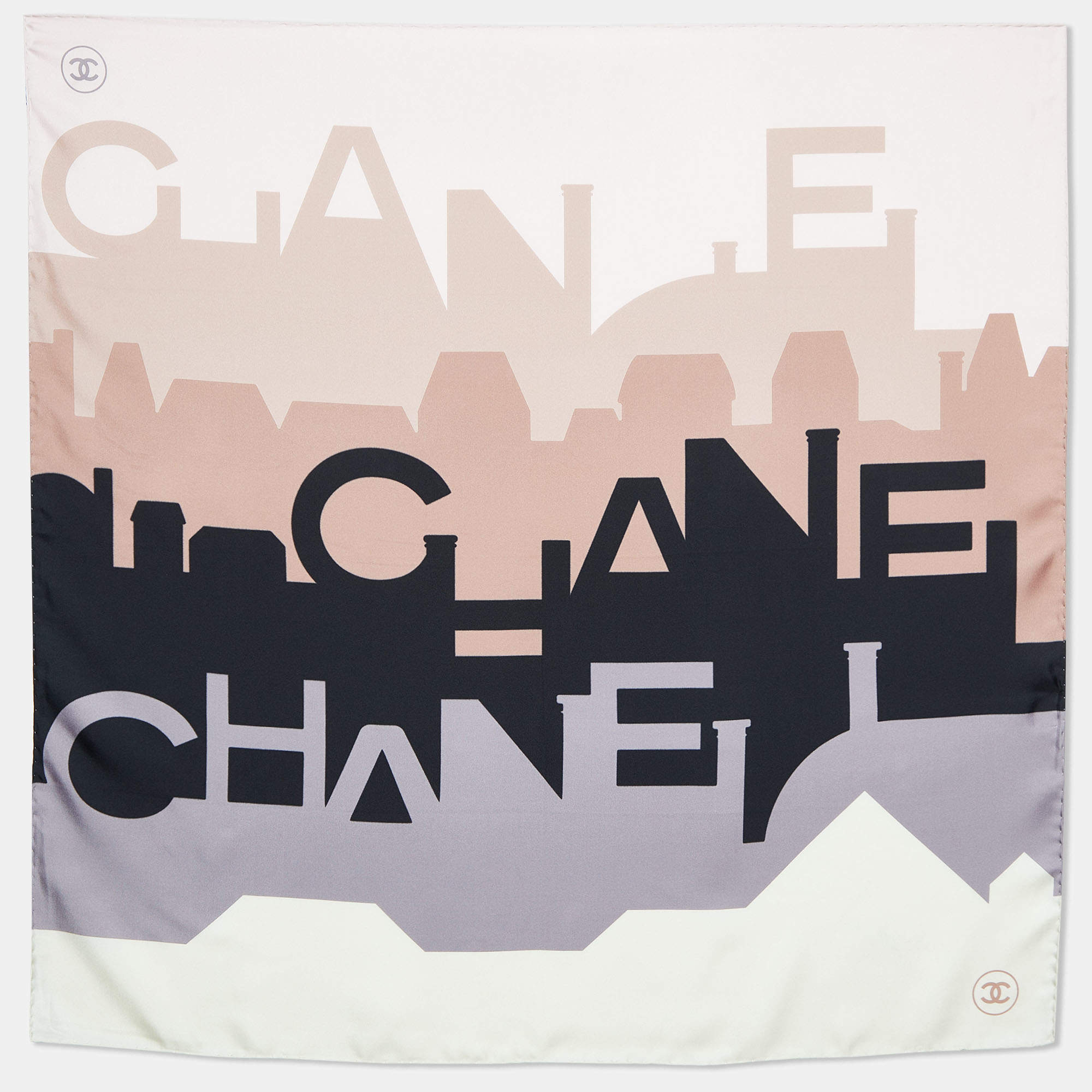Pre Owned Chanel Multicolor Structural Logo Print Silk Square Scarf