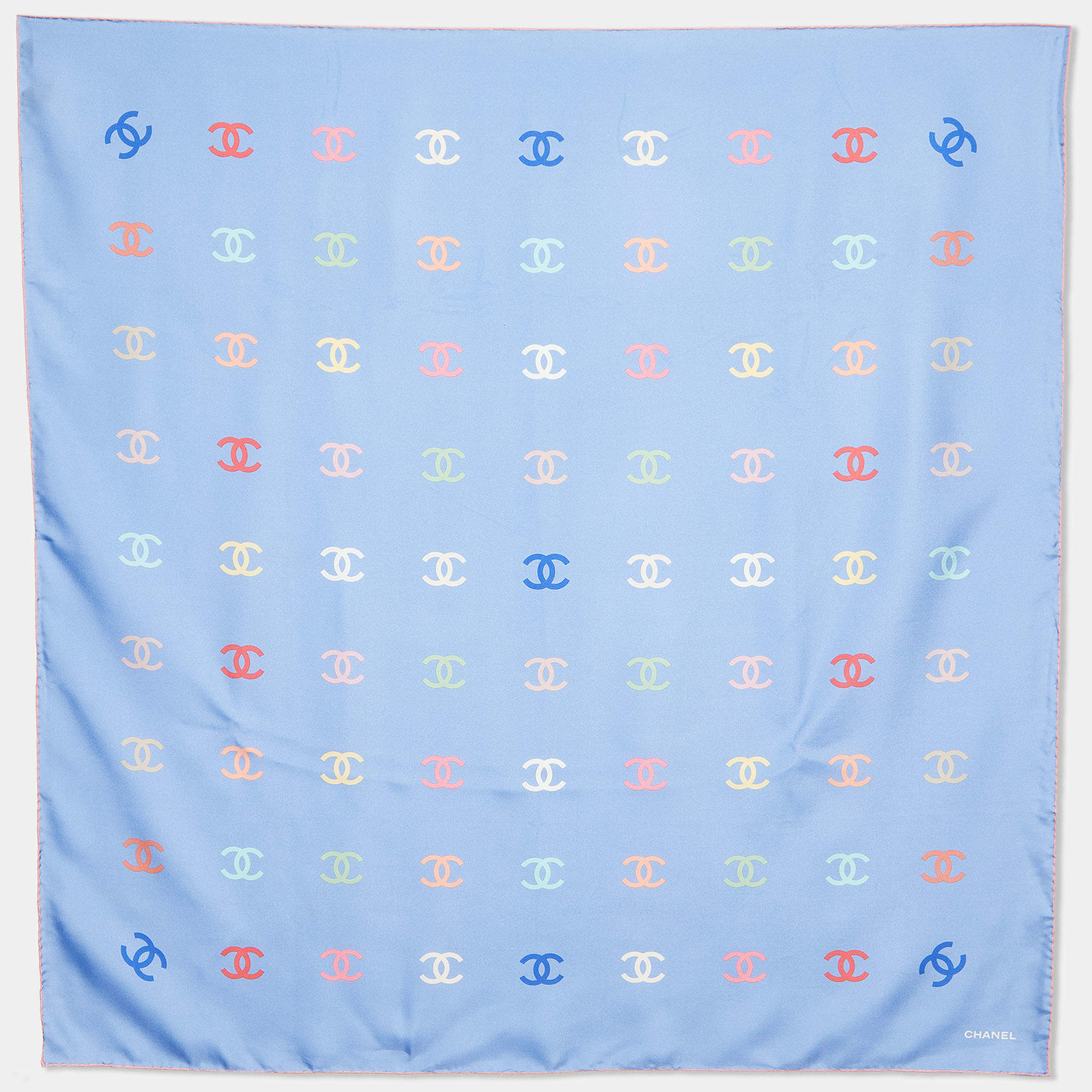 Pre Owned Chanel Light Blue All-over CC Print Silk Square Scarf