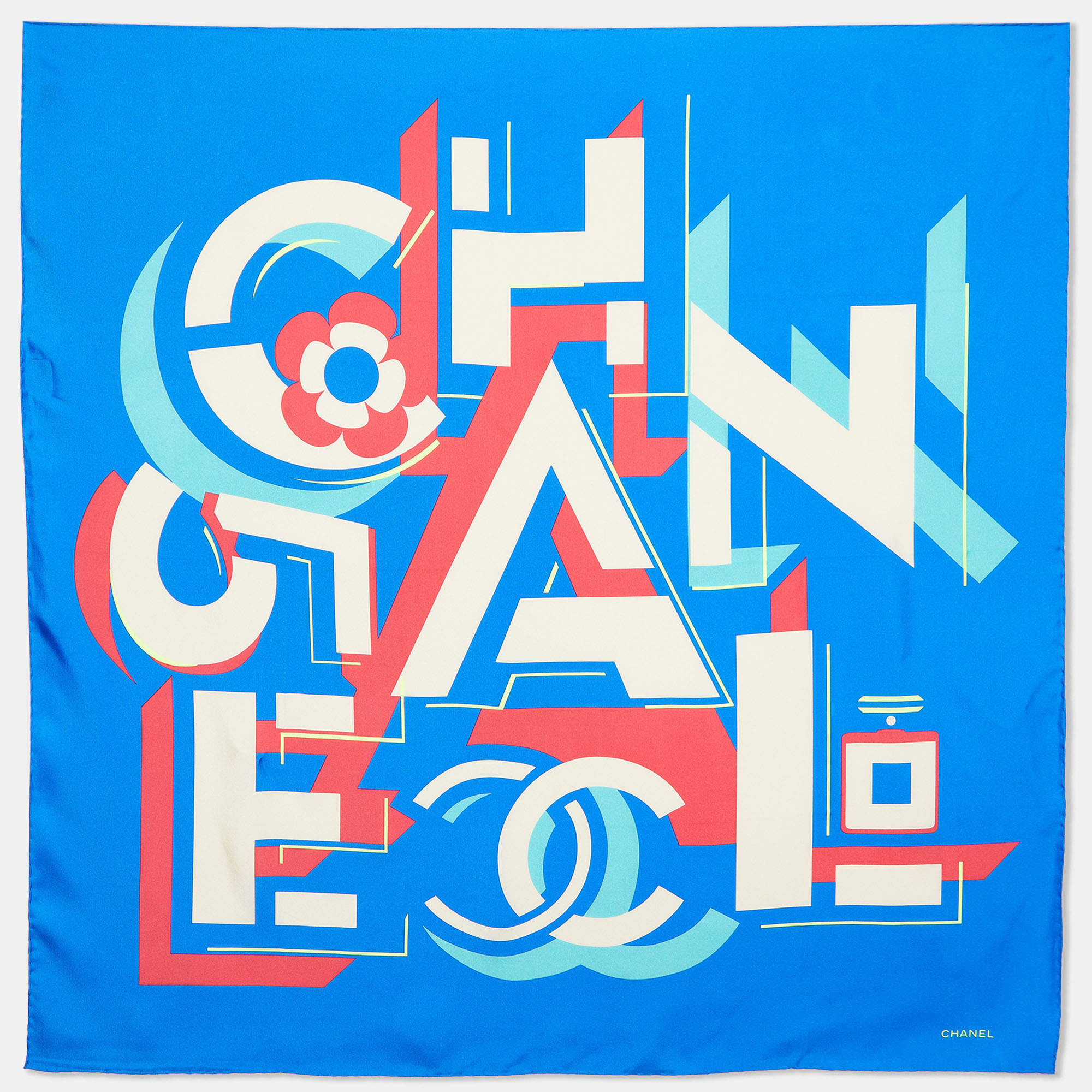 Pre Owned Chanel Blue Geometric Logo Print Silk Square Scarf