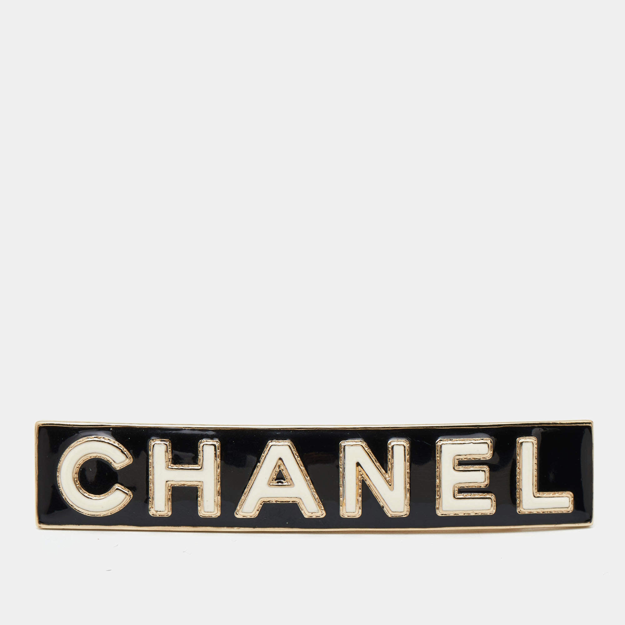 Pre Owned Chanel Logo Bi-color Enamel Gold Tone Hair Clip Barrette
