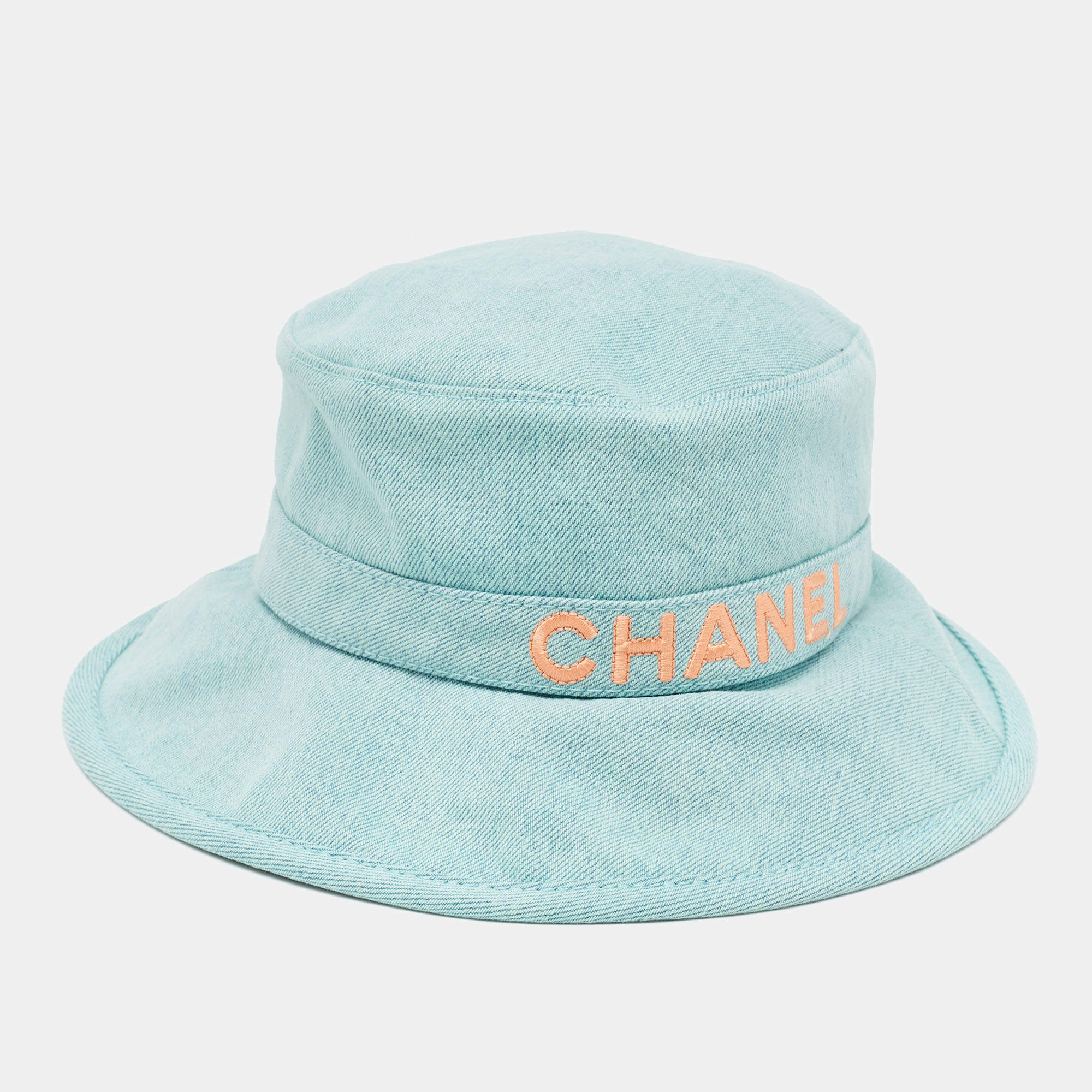 Pre Owned Chanel Light Blue CC Embroidered Denim Cloche Sun Bucket Hat S
