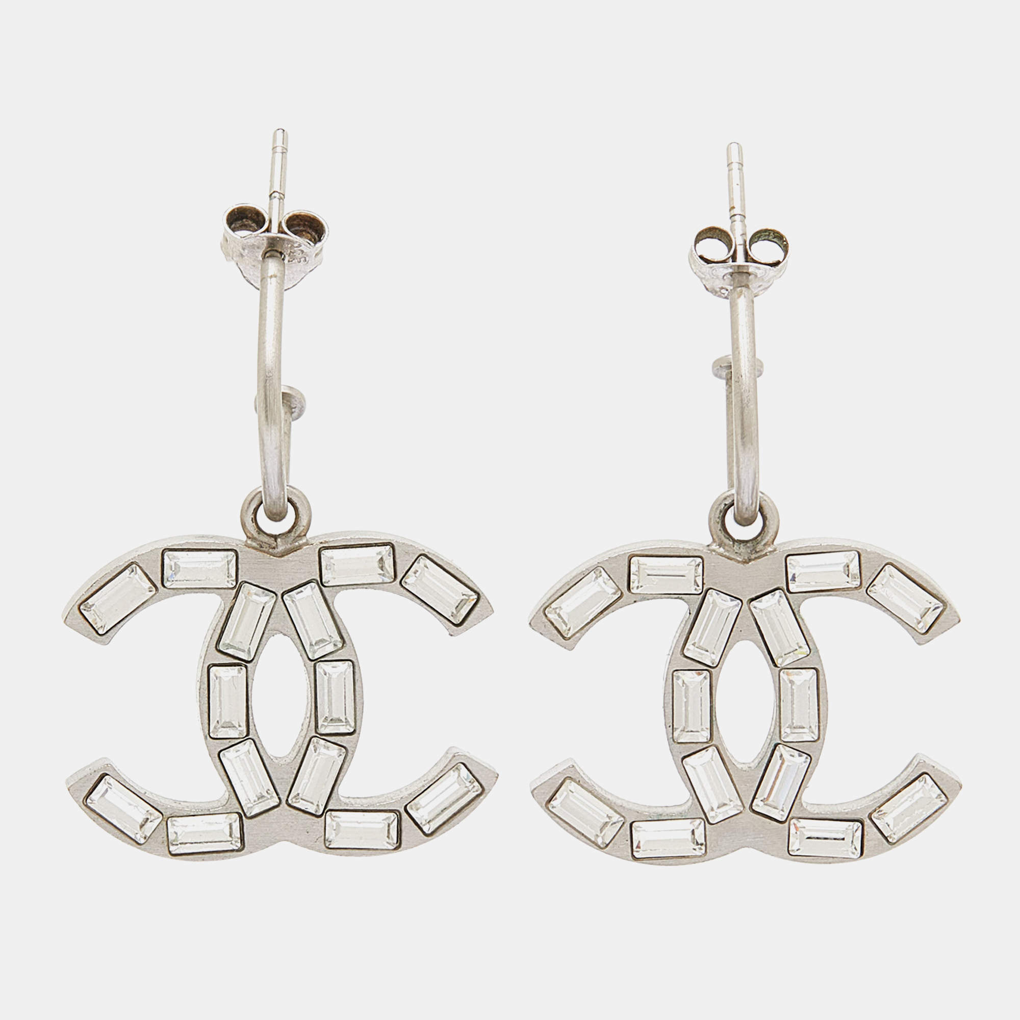 Chanel Silver Tone Baguette Crystal CC Dangle Earrings