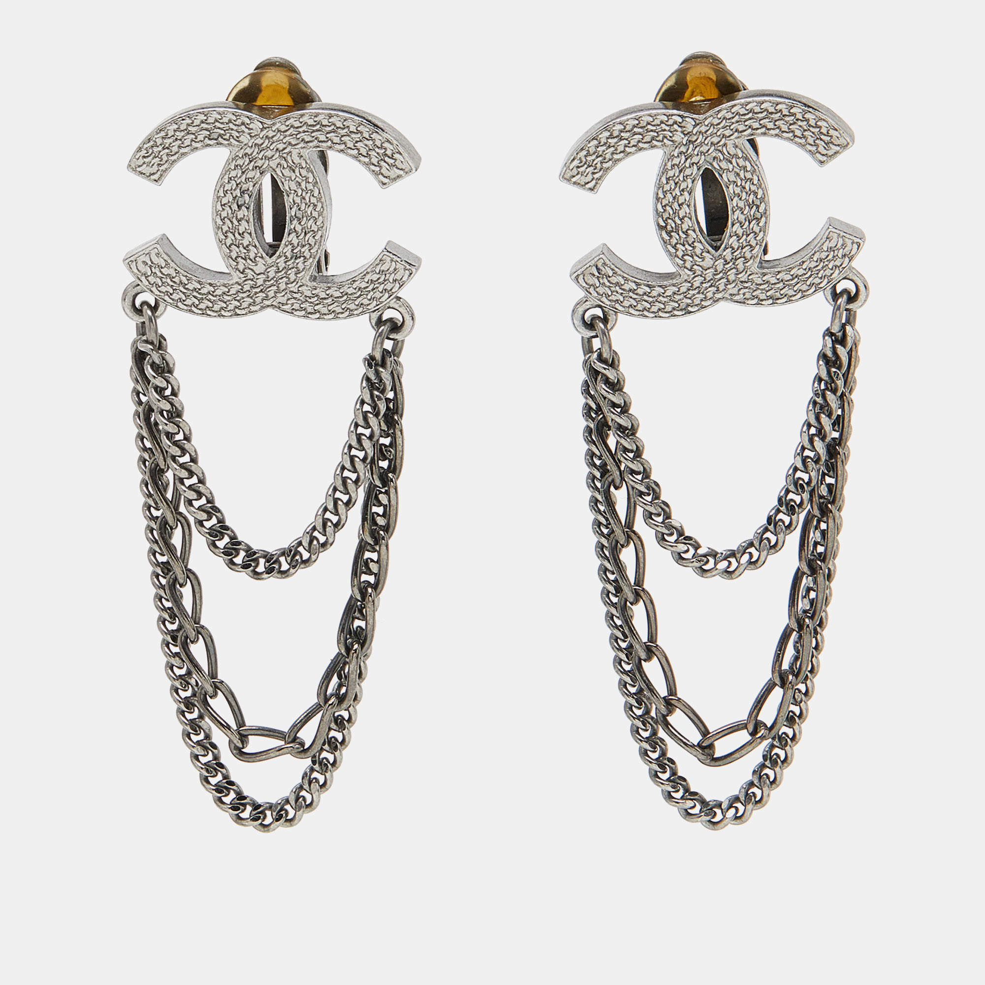 Chanel Gunmetal Tone CC Triple Chain Clip-On Earrings 
