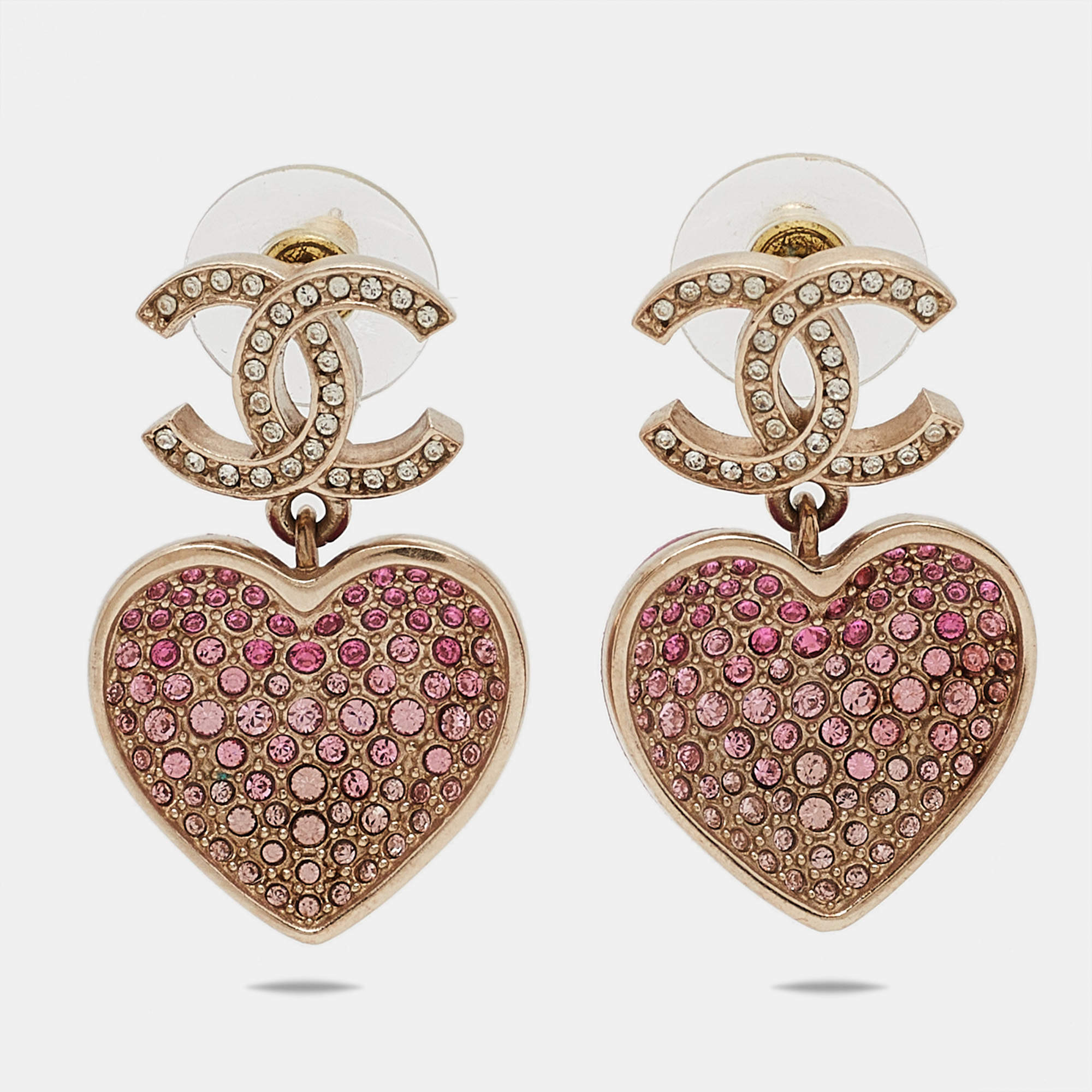 Pre Owned Chanel CC Resin Crystals Gold Tone Heart Drop Earrings