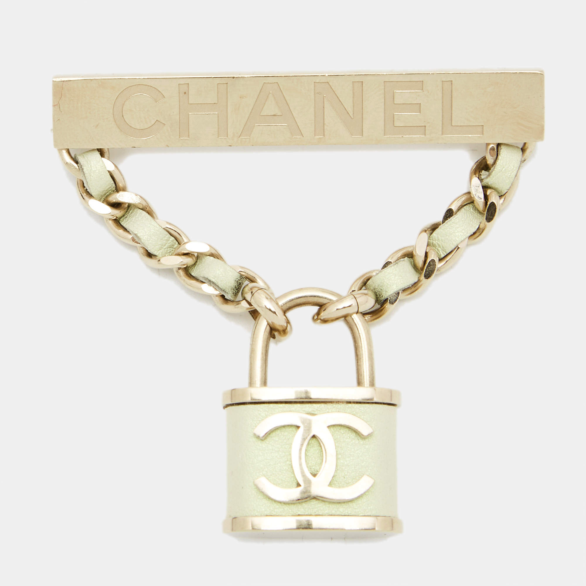 Pre Owned Chanel CC Lock Leather Gold Tone Brooch