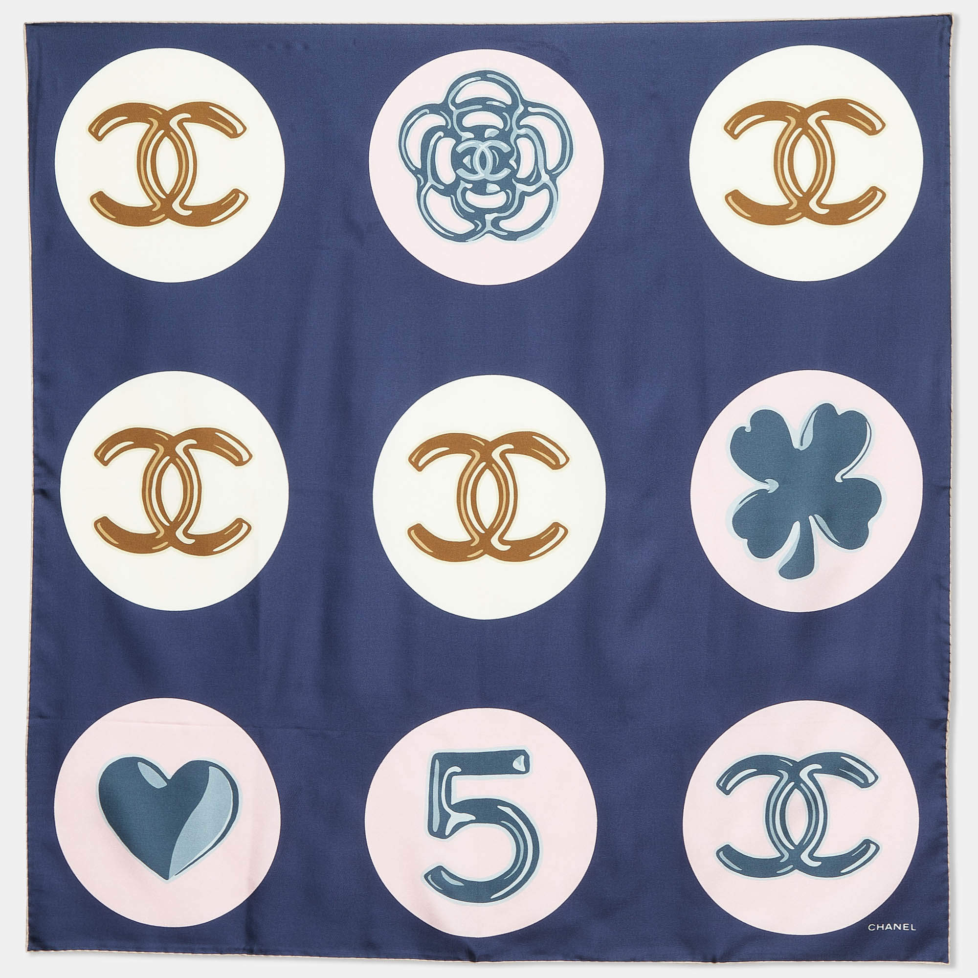 Chanel Navy Blue Lucky Charms Print Silk Square Scarf