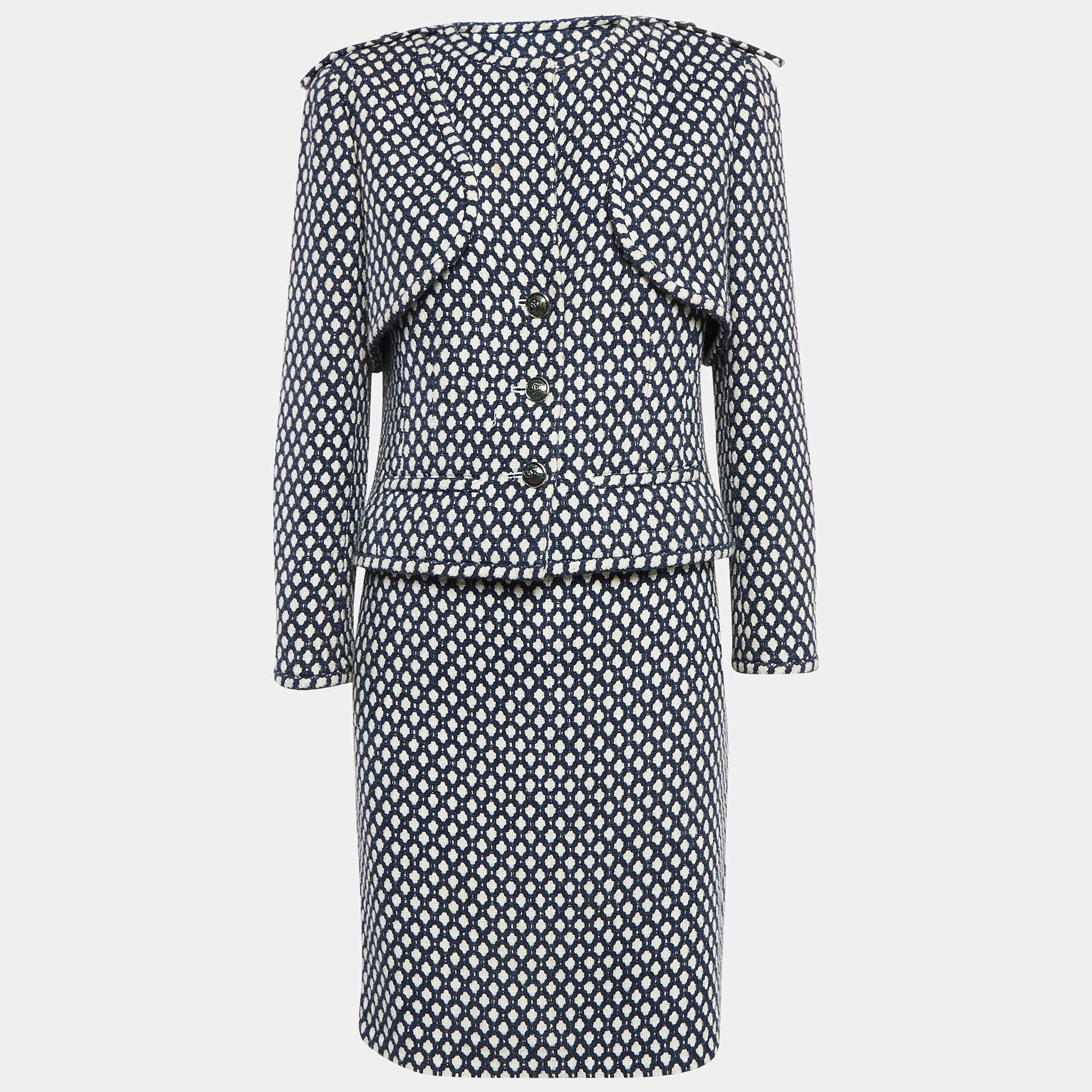 Chanel Navy Blue Patterned Tweed Blazer & Skirt Set L