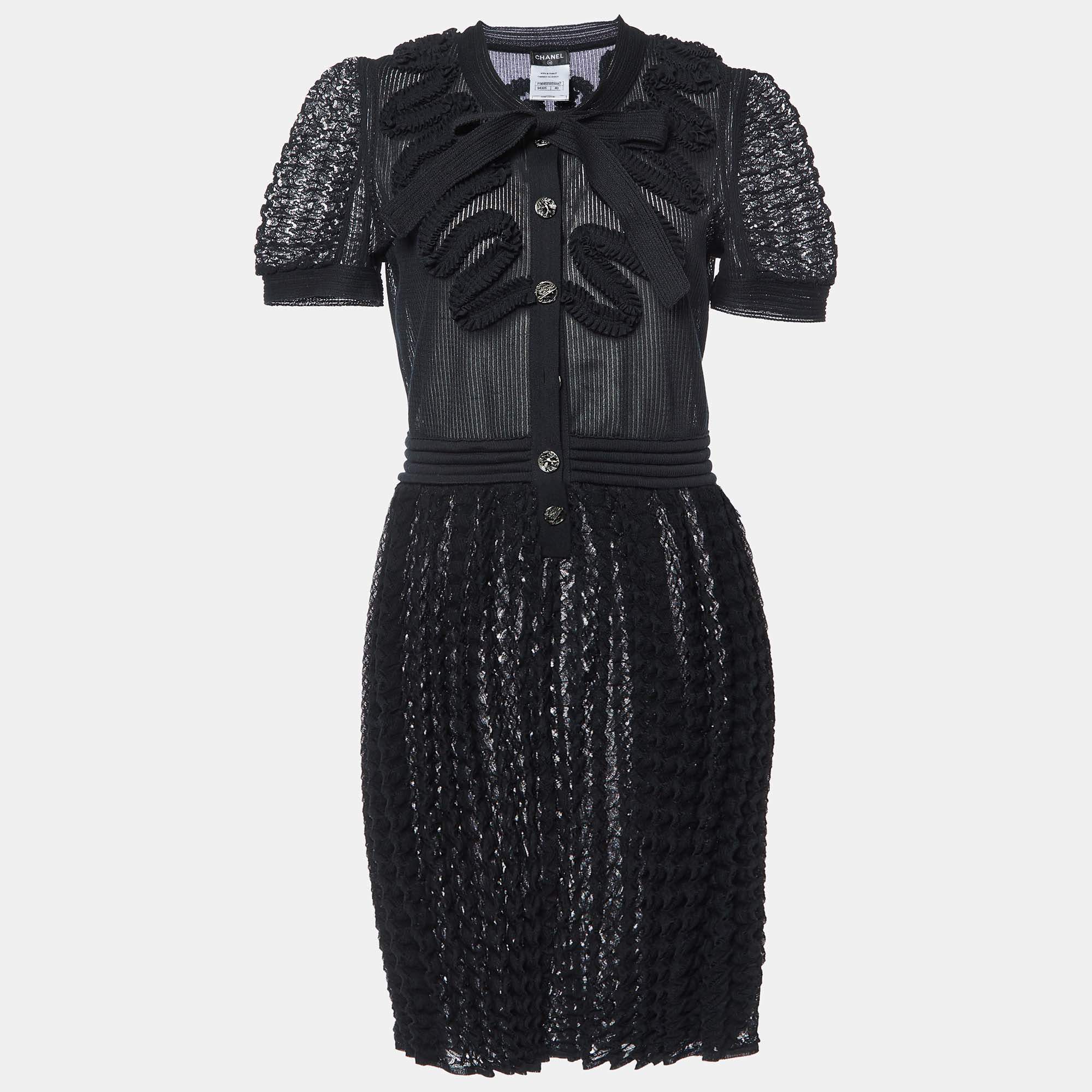 Pre Owned Chanel Black Patterned Knit Neck Tie Detailed Short Dress M