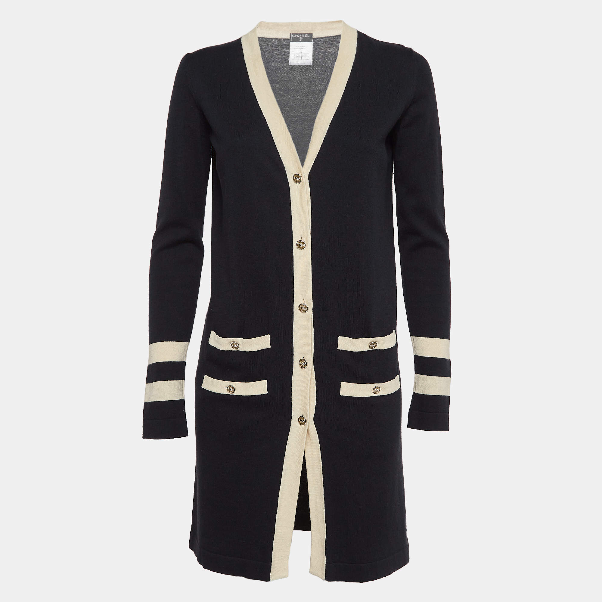 Chanel Black Knit Contrast Trim Long Cardigan S