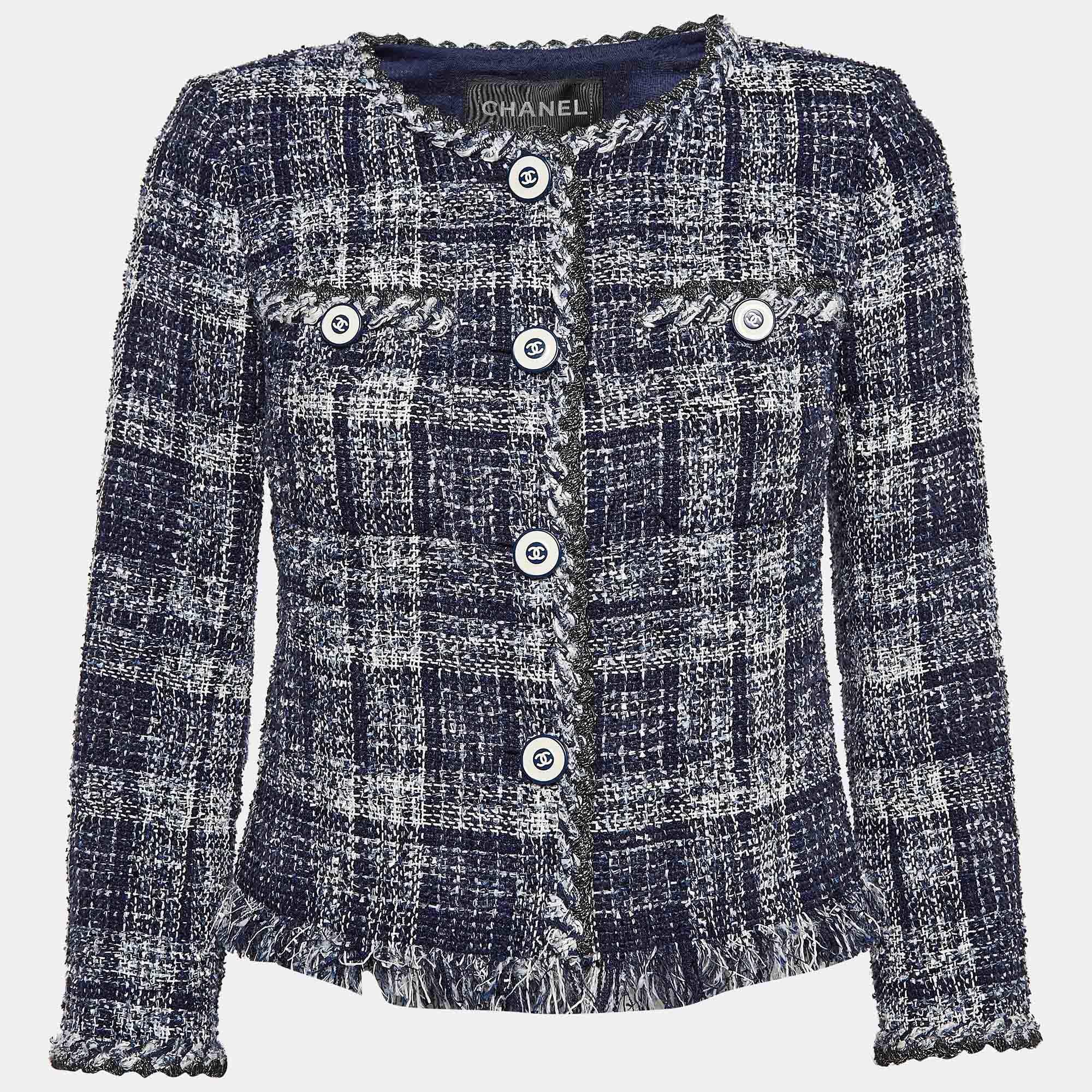 Pre Owned Chanel Blue Fringed Tweed Jacket S