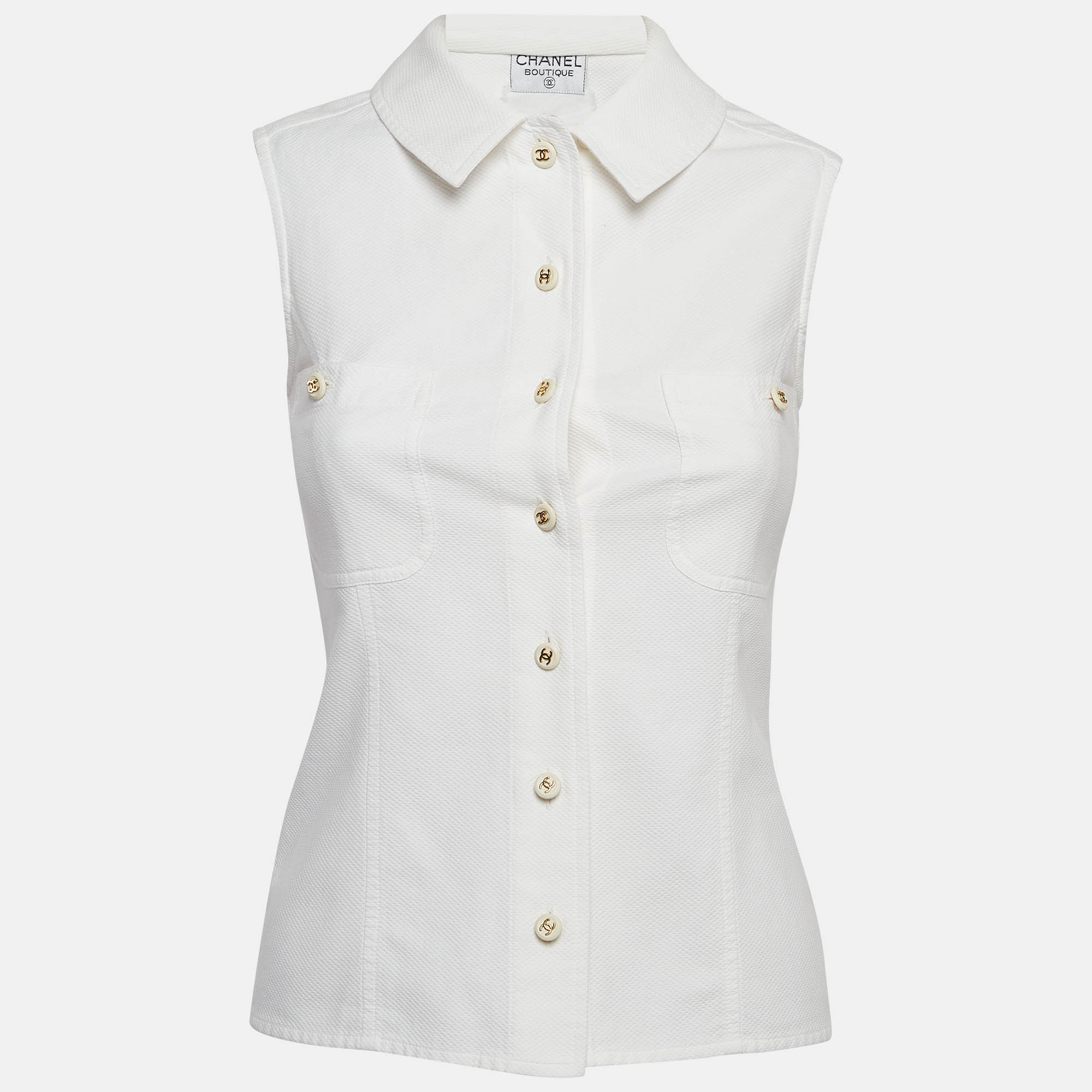 Pre Owned Chanel Boutique White Textured Cotton Sleeveless Shirt XS