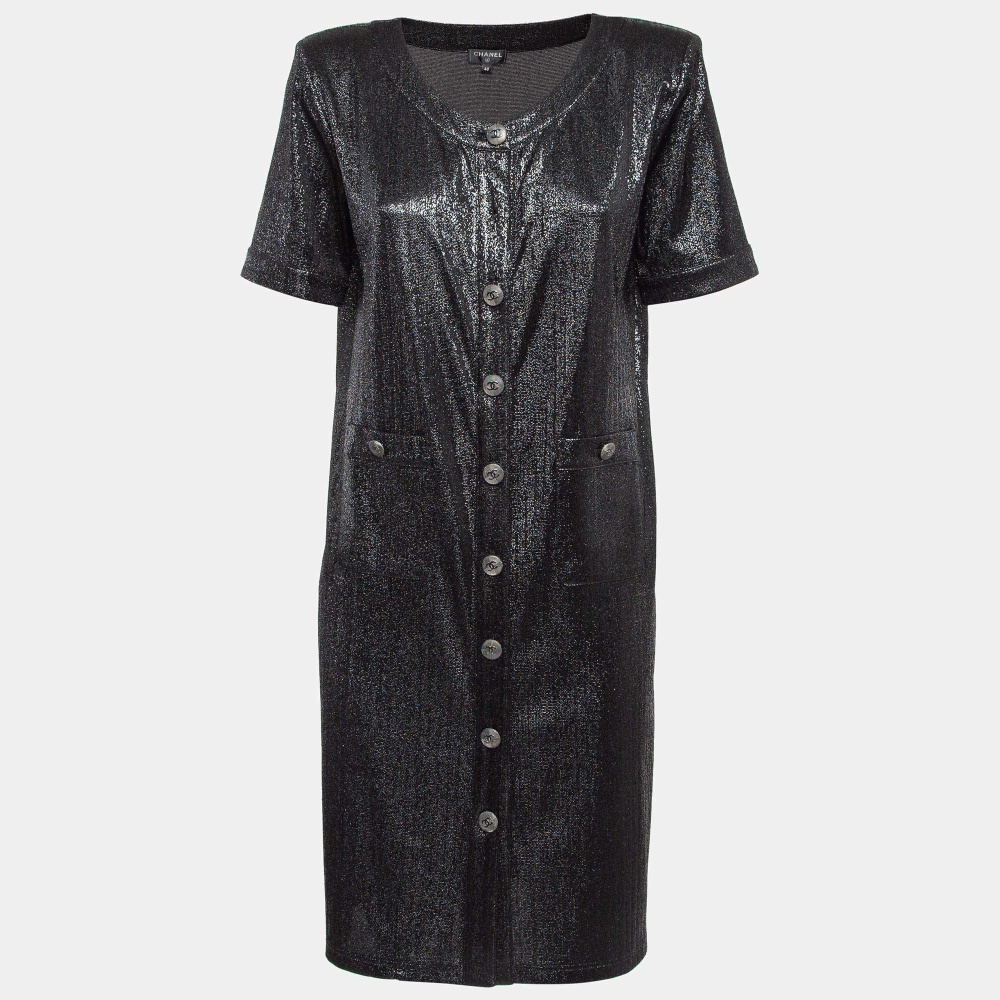 Chanel Black Metallic Lurex Knit Button Front Shift Dress M