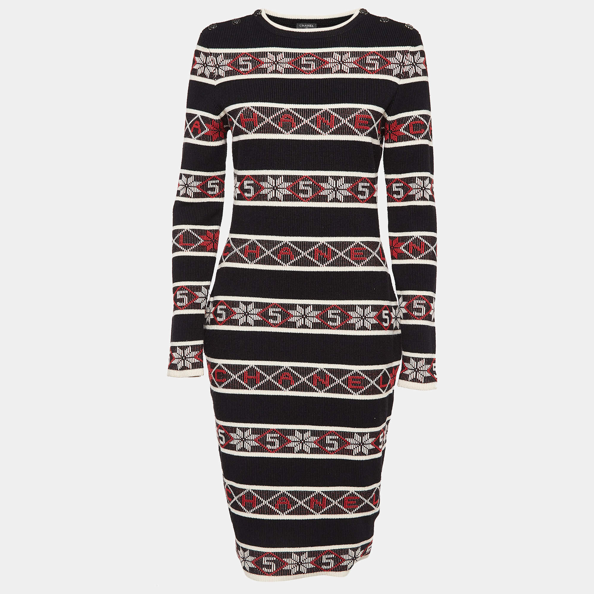 Chanel Black Stipe Pattern Rib Knit Bodycon Dress M 