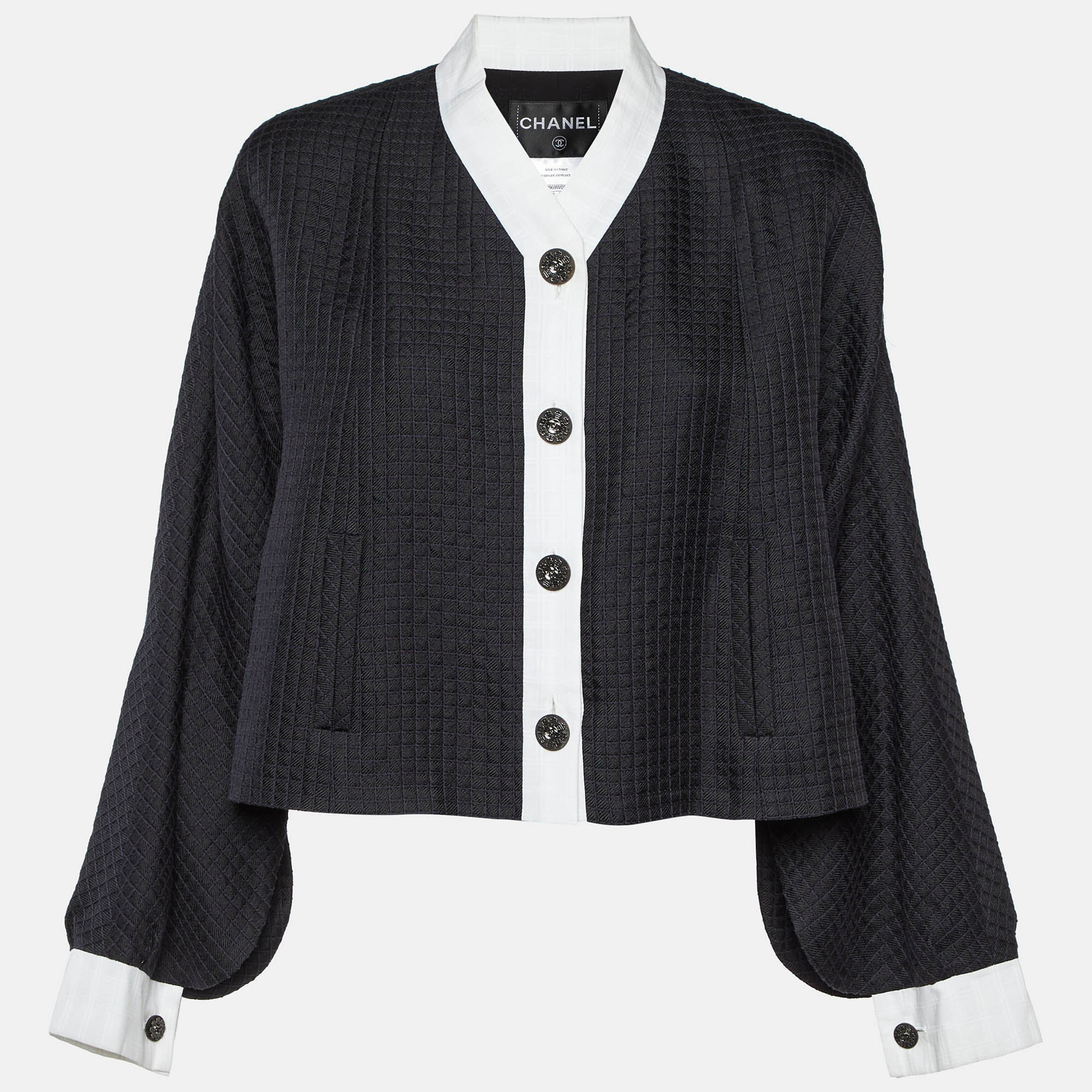 Chanel Navy Blue Silk & Cotton Button Front Jacket M