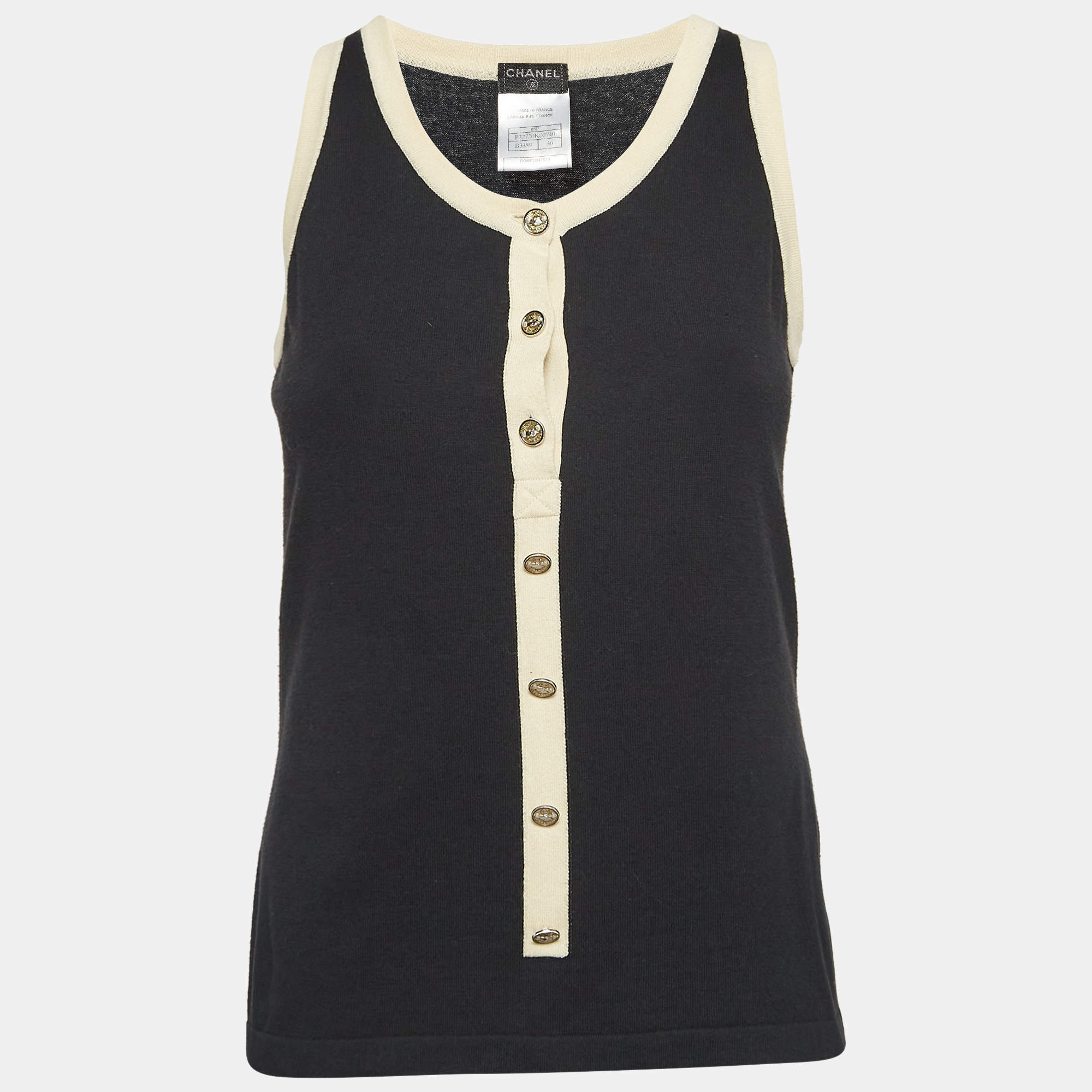 Pre Owned Chanel Black Cotton Knit Button Detail Tank Top S