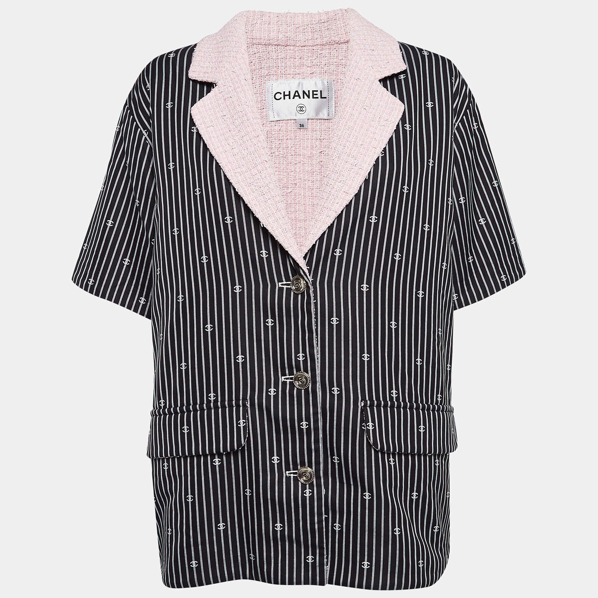 Chanel Black/Pink CC Stripe Cotton Tweed Trim Jacket S