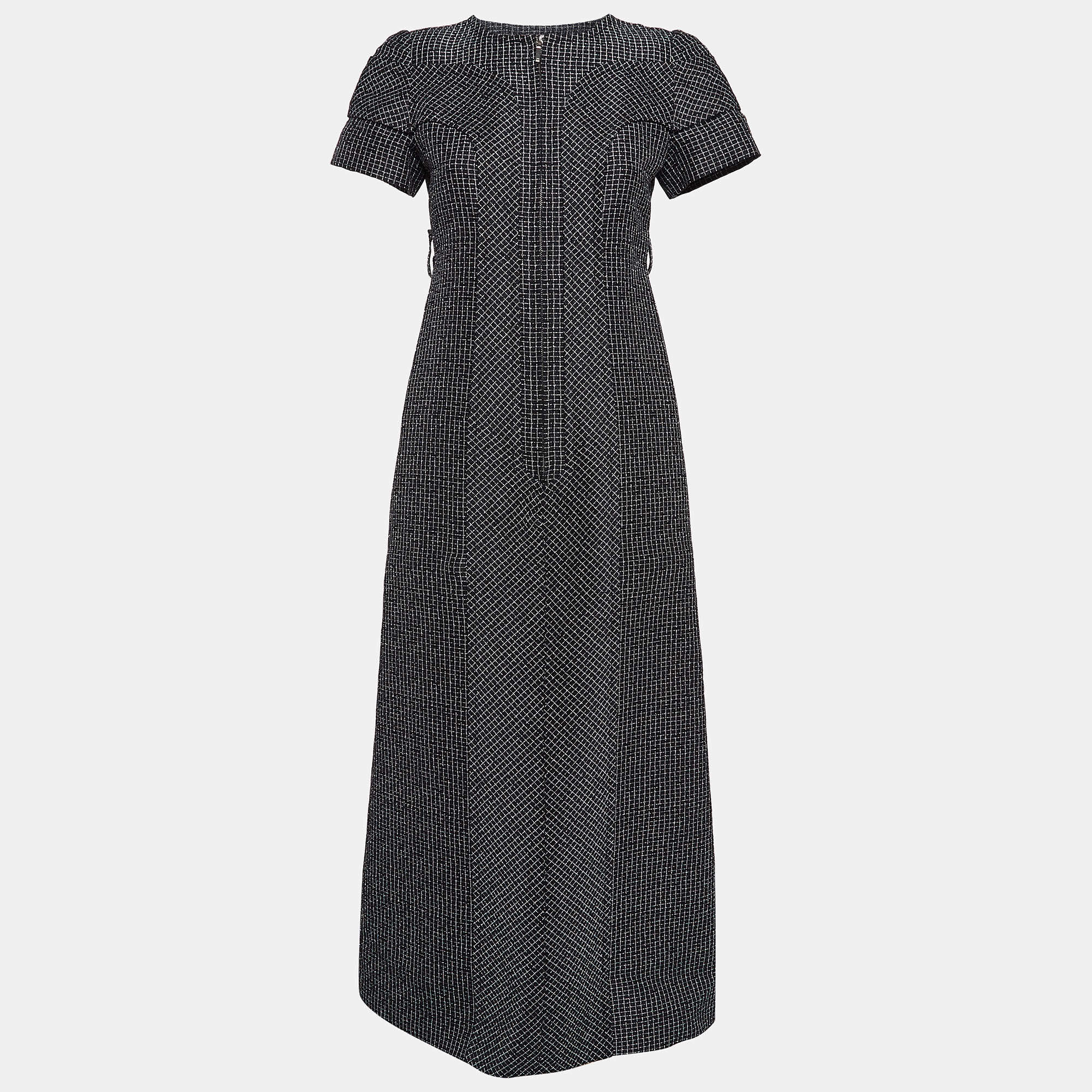 Chanel Black Checkered Cotton Midi Dress S