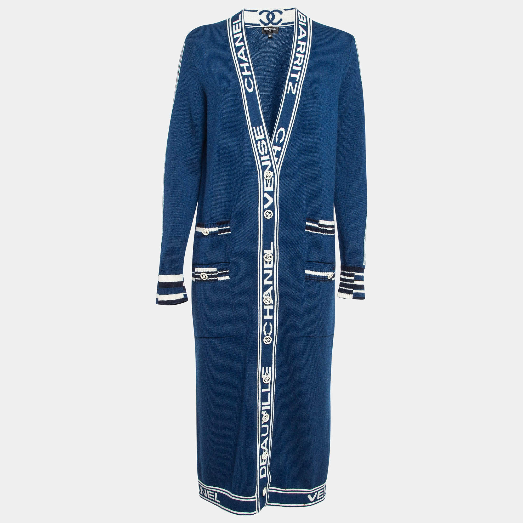 Pre Owned Chanel Blue Logo Patterned Cashmere Knit Cardigan M