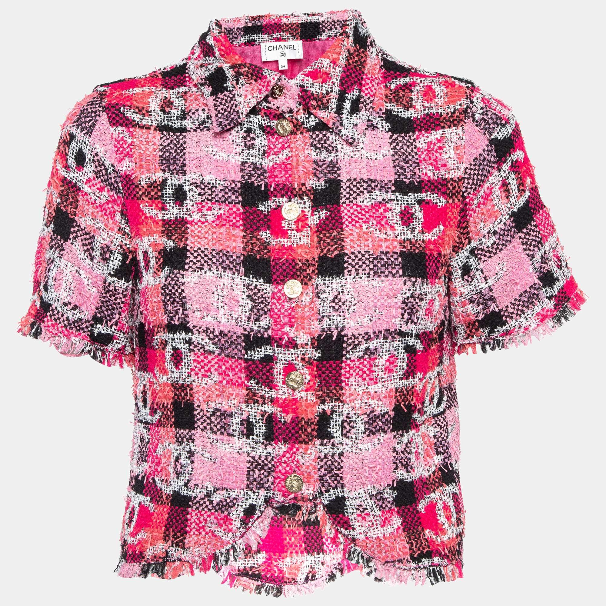 Pre Owned Chanel Pink Checkered and CC Interlock Tweed Jacket S