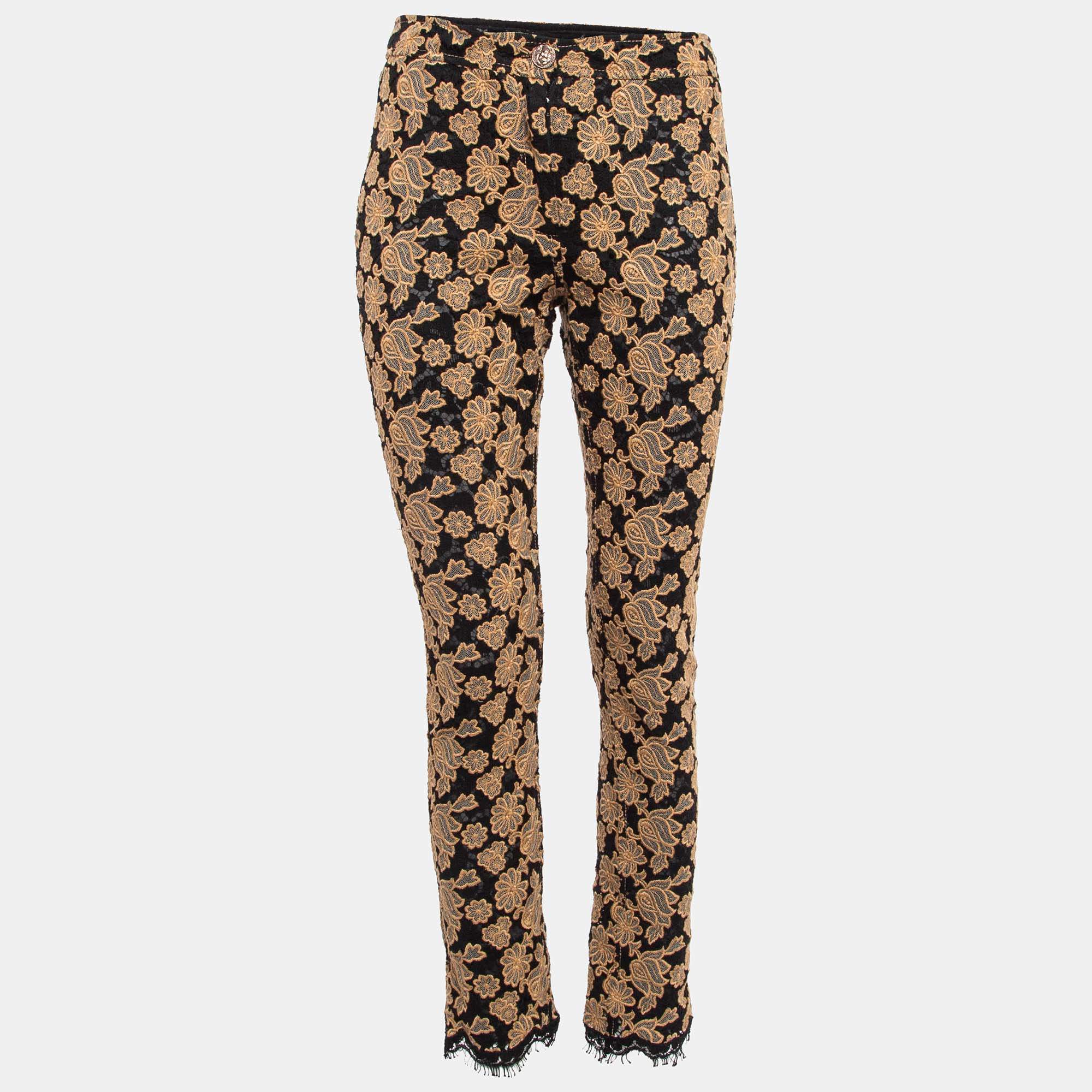 Pre Owned Chanel Brown/Black Floral Lace Skinny Pants S