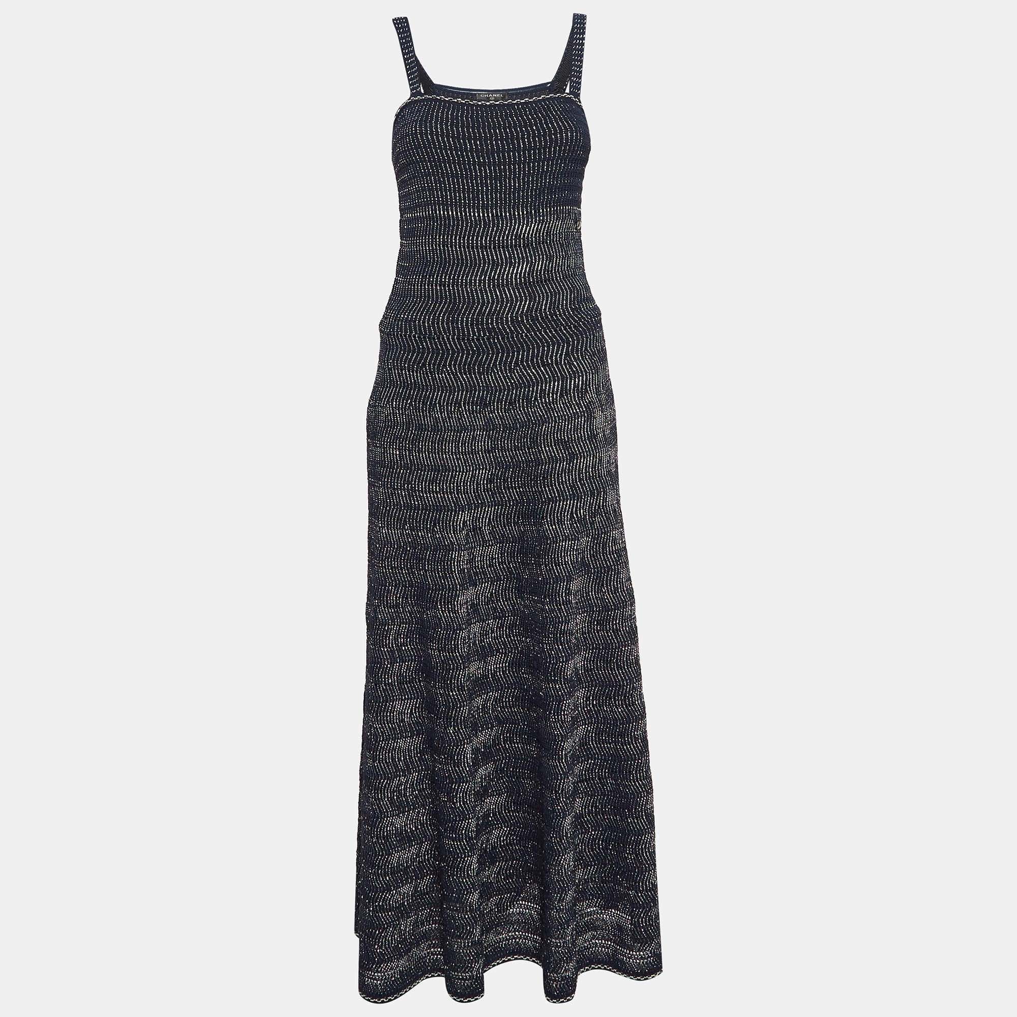 Chanel Navy Blue Patterned Knit Sleeveless Long Dress S