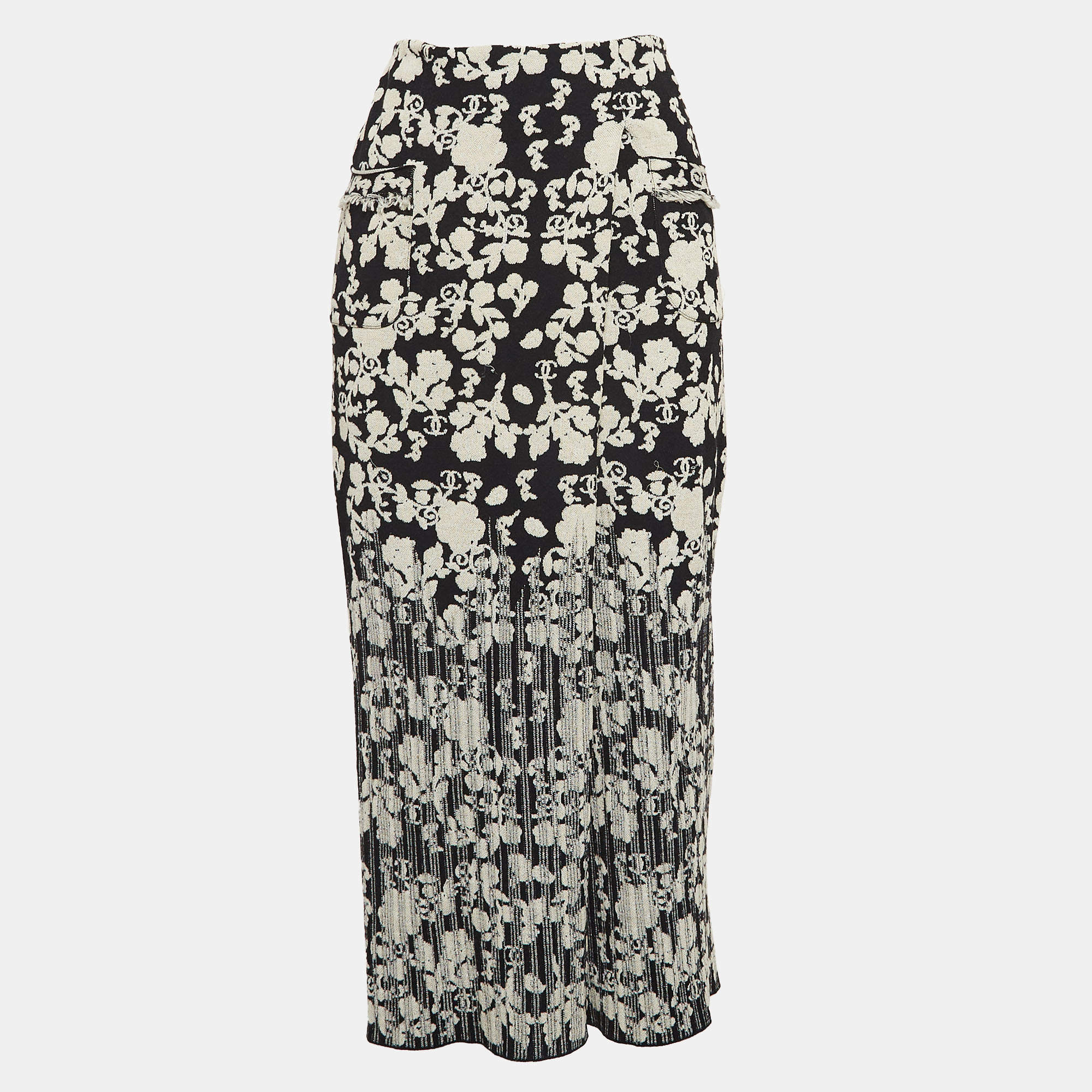 Pre Owned Chanel Black Floral Patterned Knit Midi Skirt S 