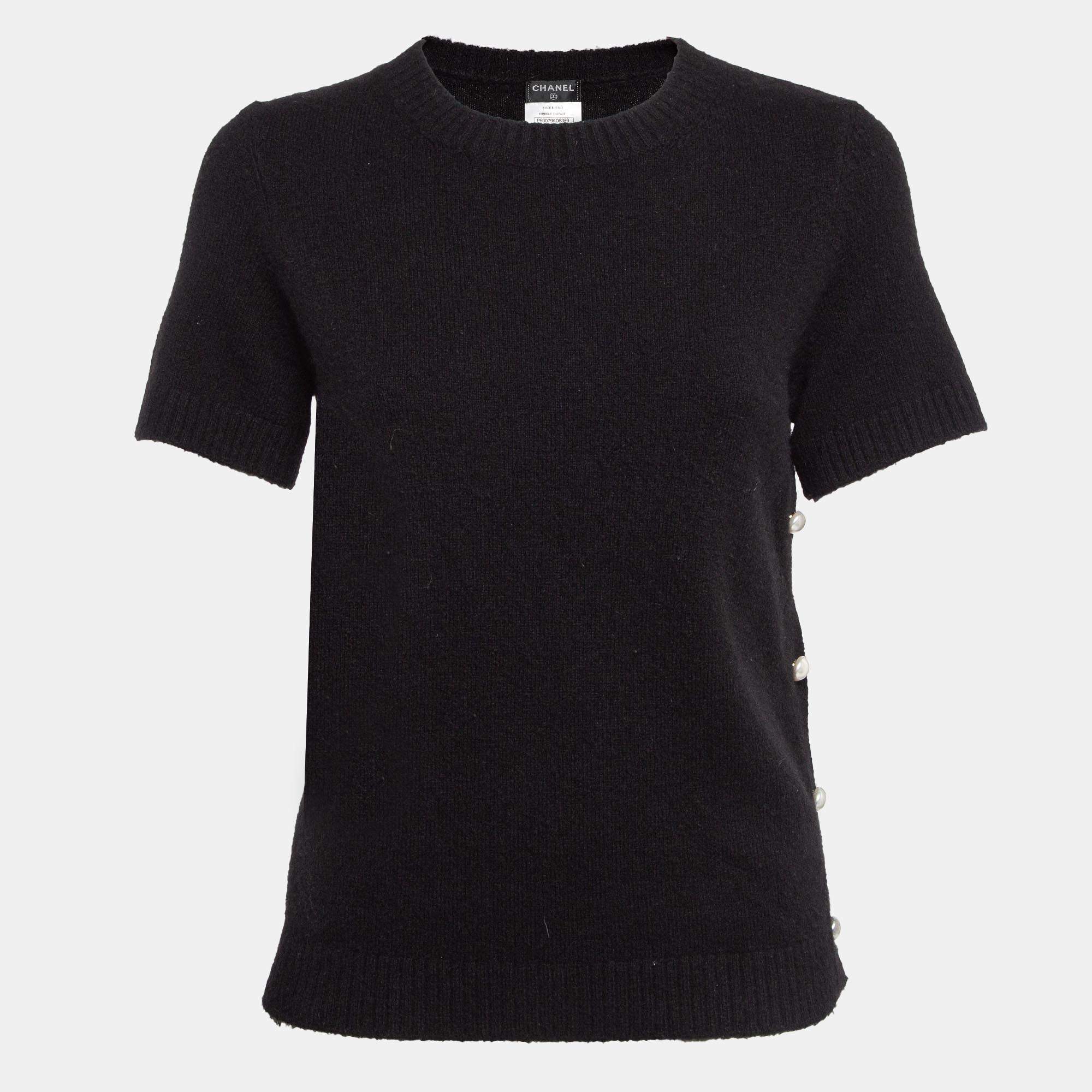 Chanel Black Cashmere Blend Pearl Button Detail Top M