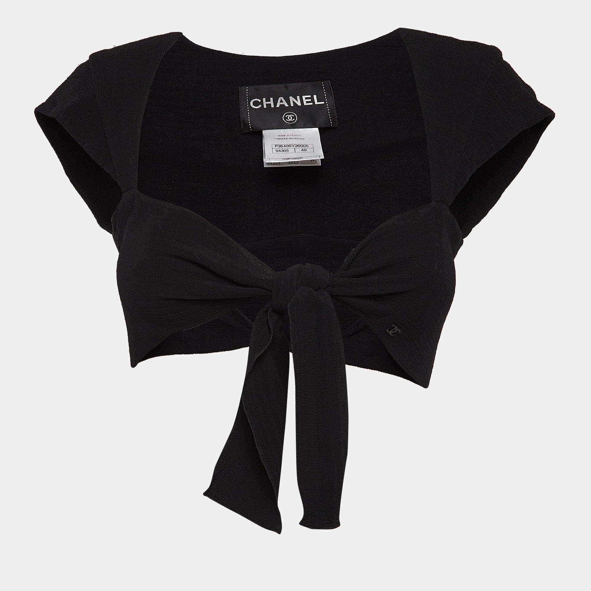 Pre Owned Chanel Black Textured Crepe Front Tie Detail Crop Top M