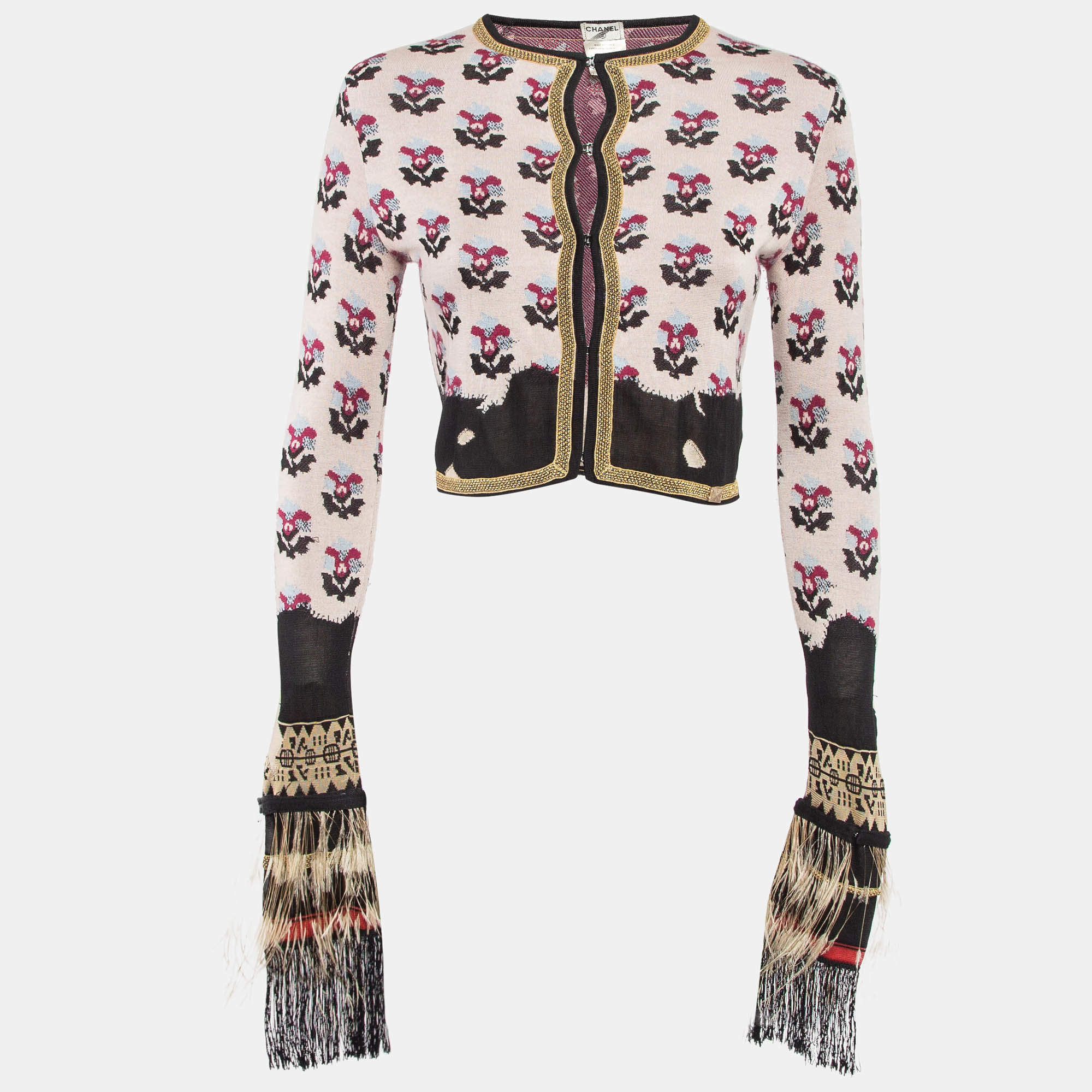 Chanel Pink Floral Pattern Knit Feather Fringe Detail Cropped Cardigan S